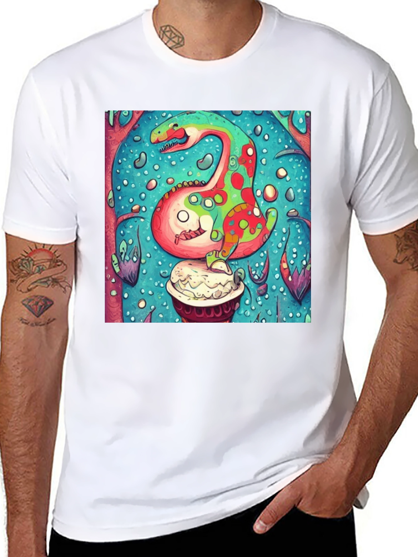 Black Dinosaur Cupcake Graphic T-Shirt - Unique Art Tee view 8