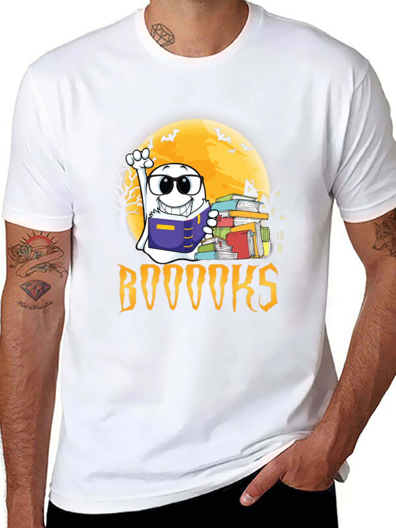 Black Halloween Ghost Reading BOOOOOKS T-Shirt view 8