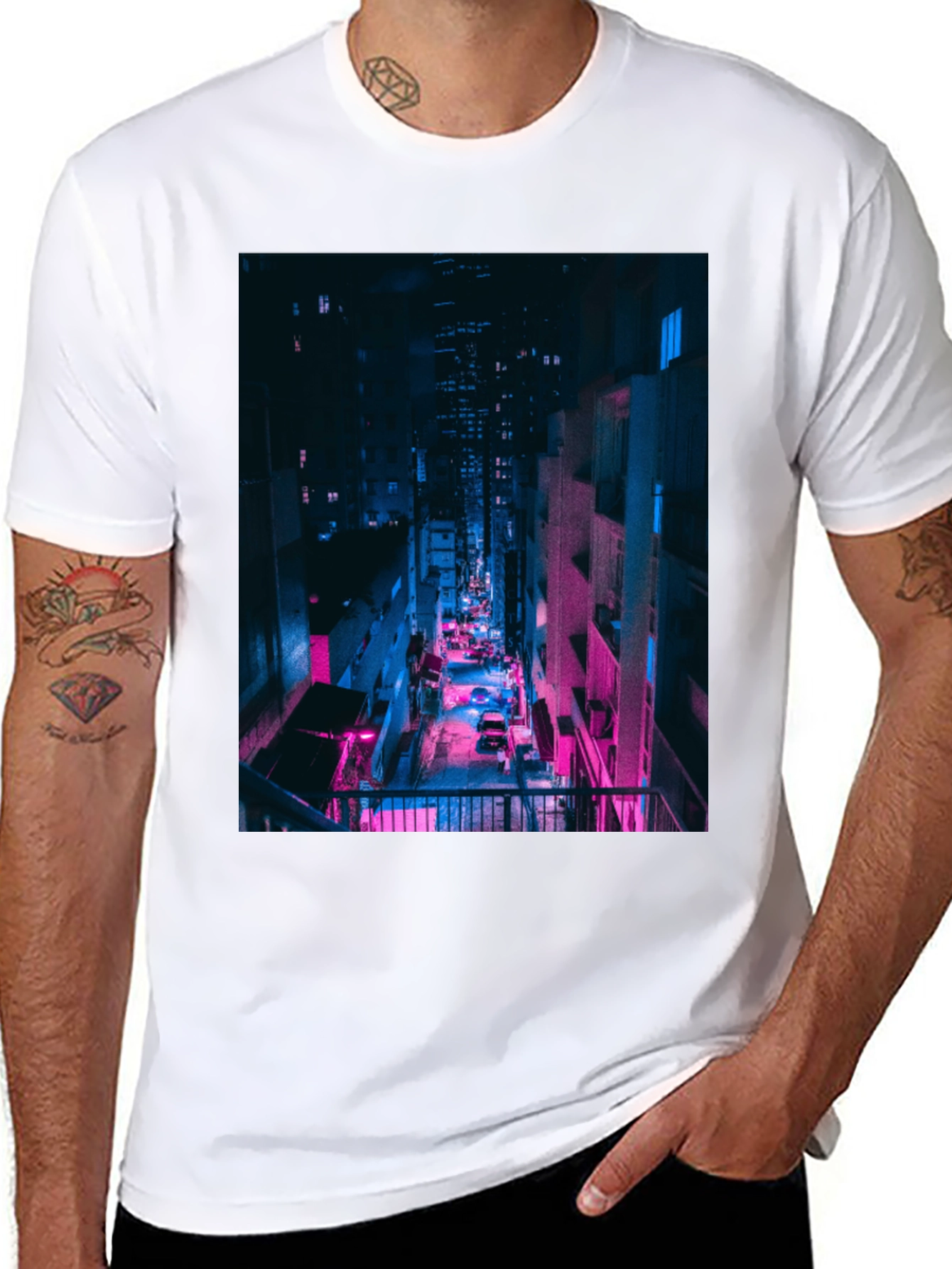 Black Cyberpunk Cityscape Black T-Shirt view 8