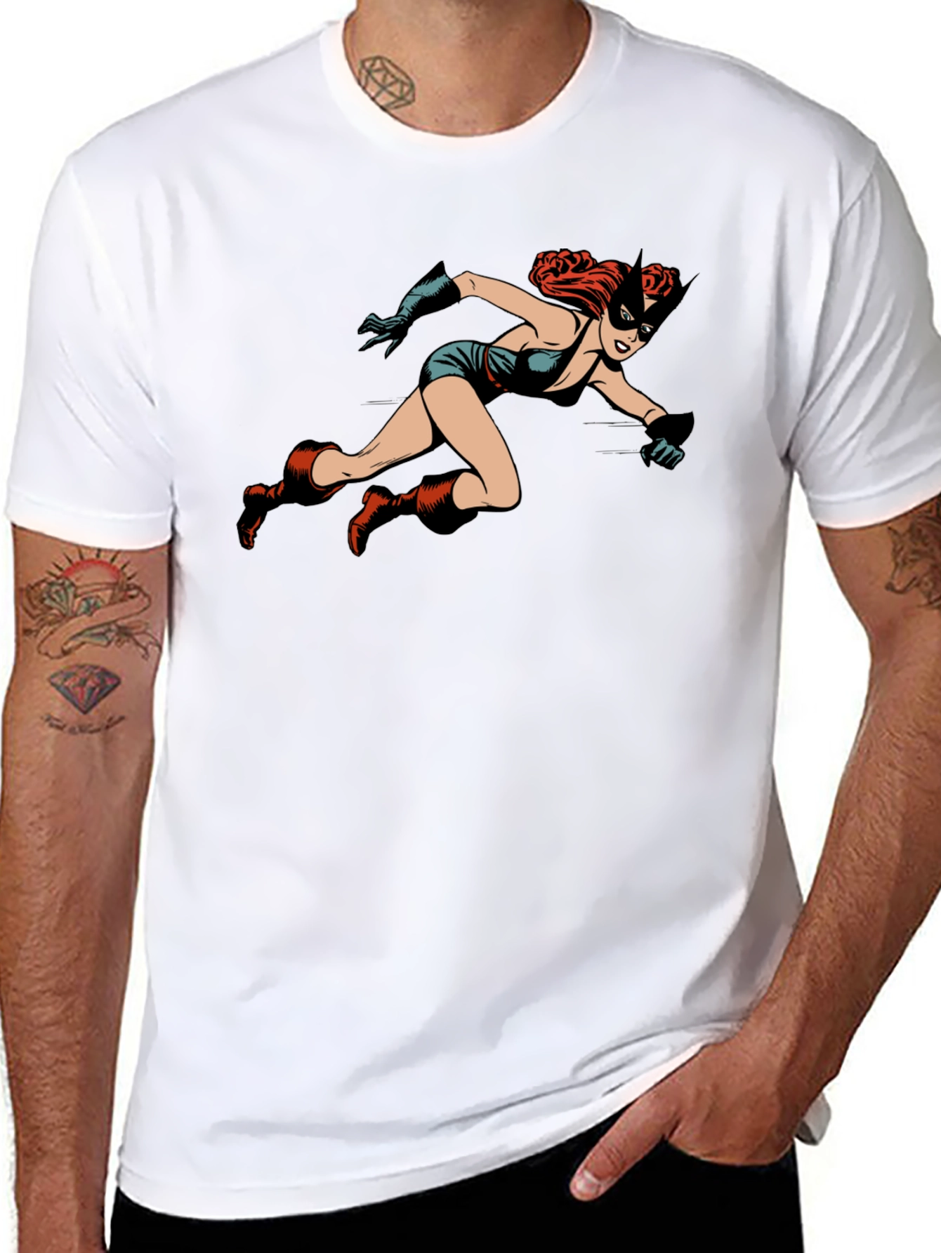 Black Retro Comic Book Heroine Black T-Shirt view 8