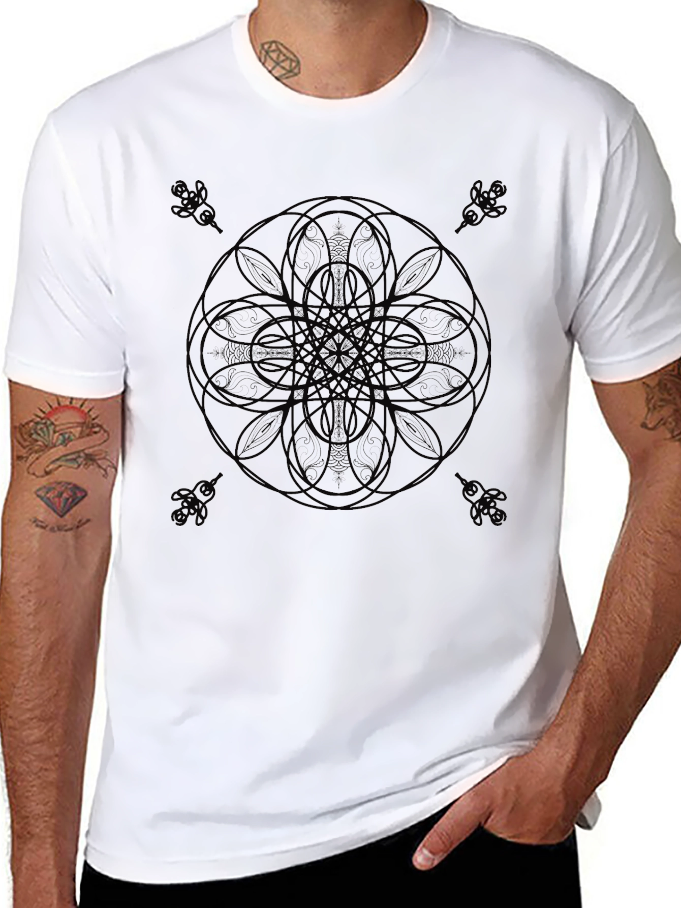 Black Dark Mandala Graphic Print Crew Neck T-Shirt view 8