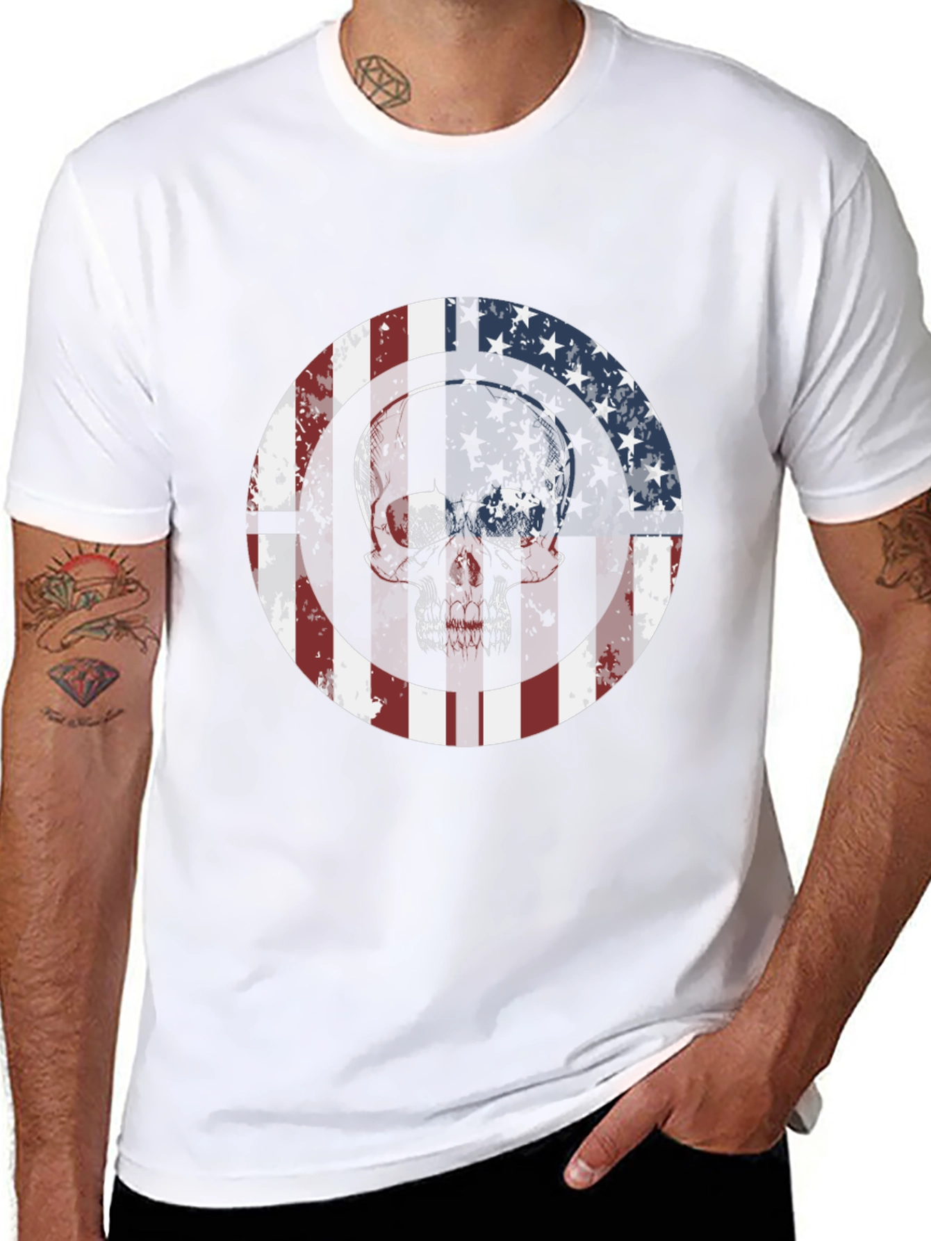 Black American Flag Skull Graphic Tee view 8