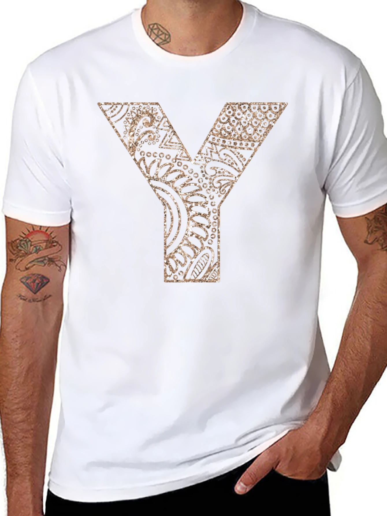 Black Y Letter Patterned Graphic Tee - Black view 8