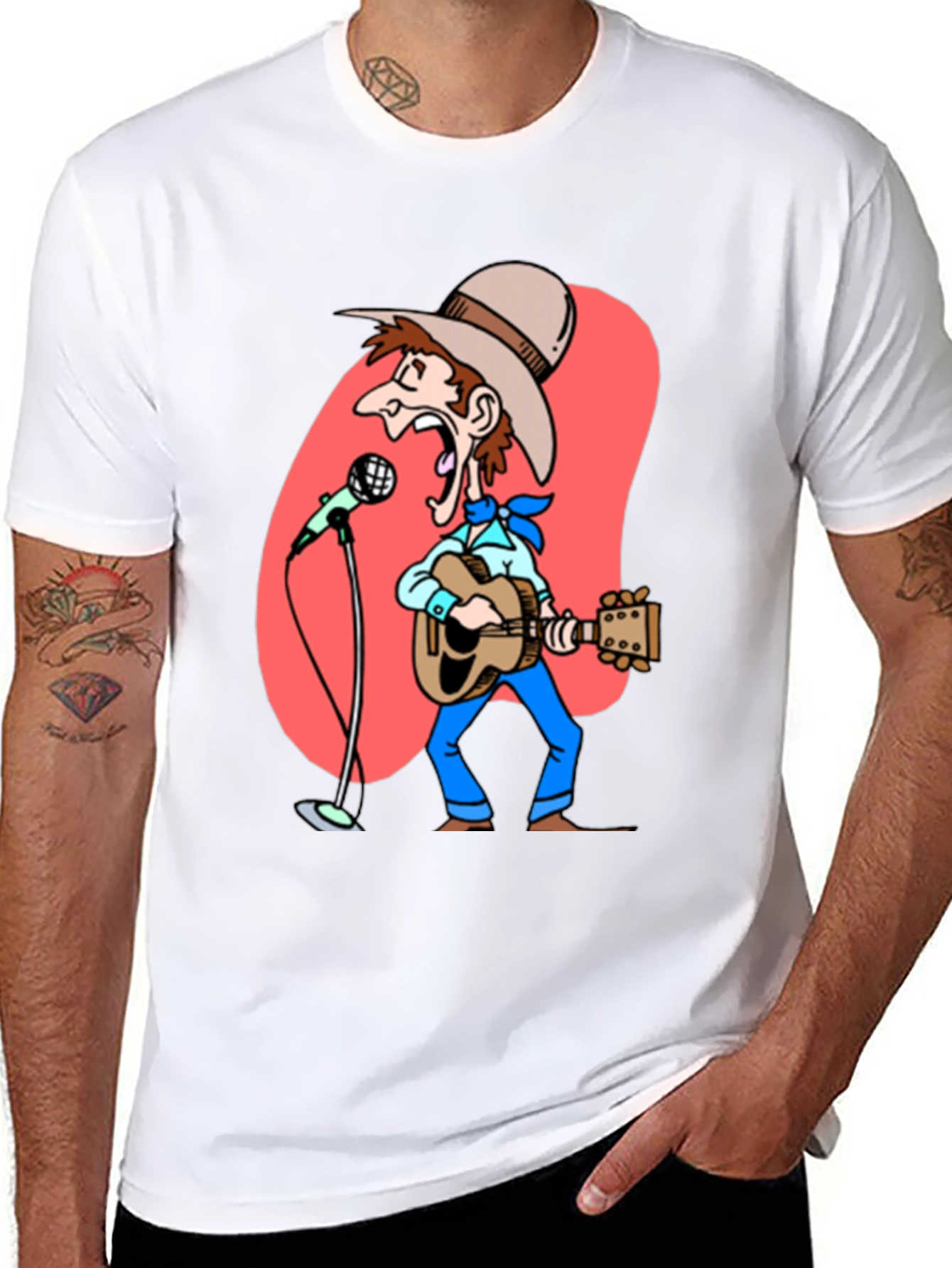 Black Cartoon Cowboy T-Shirt - Guitar & Microphone Graphic view 8
