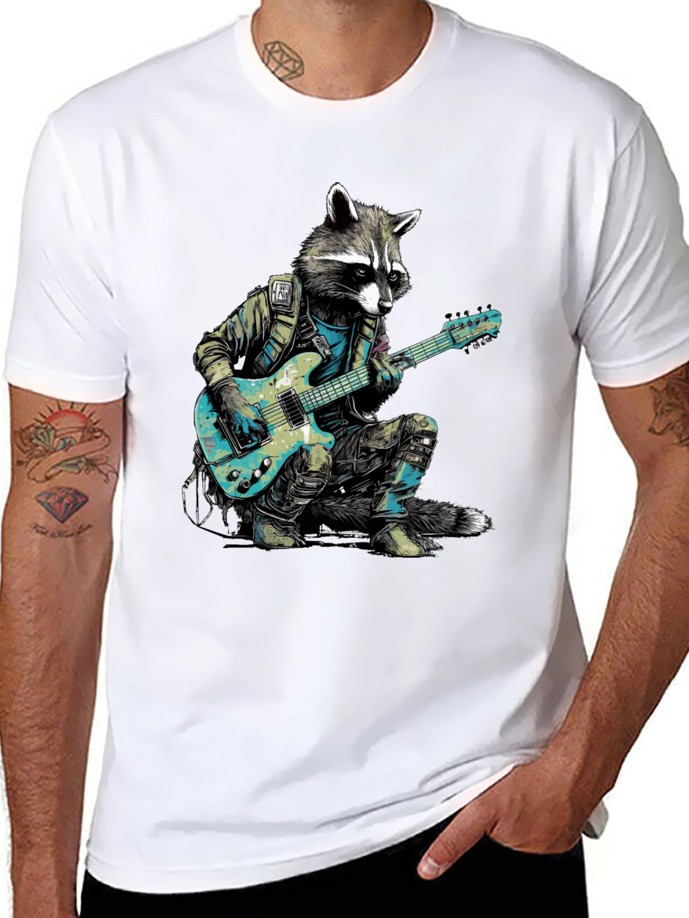Black Raccoon Rocker Graphic Tee - Cool Animal Guitar T-Shirt view 8