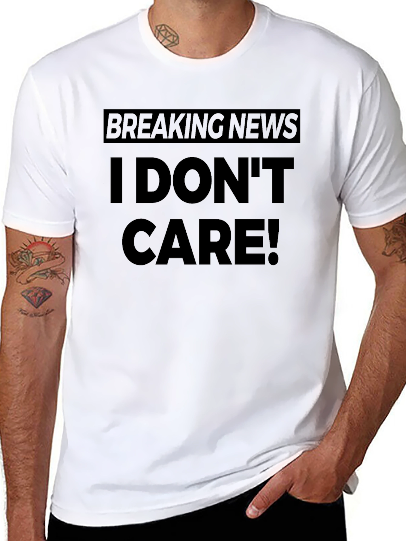 Black I Don't Care Breaking News Slogan Black T-Shirt view 8