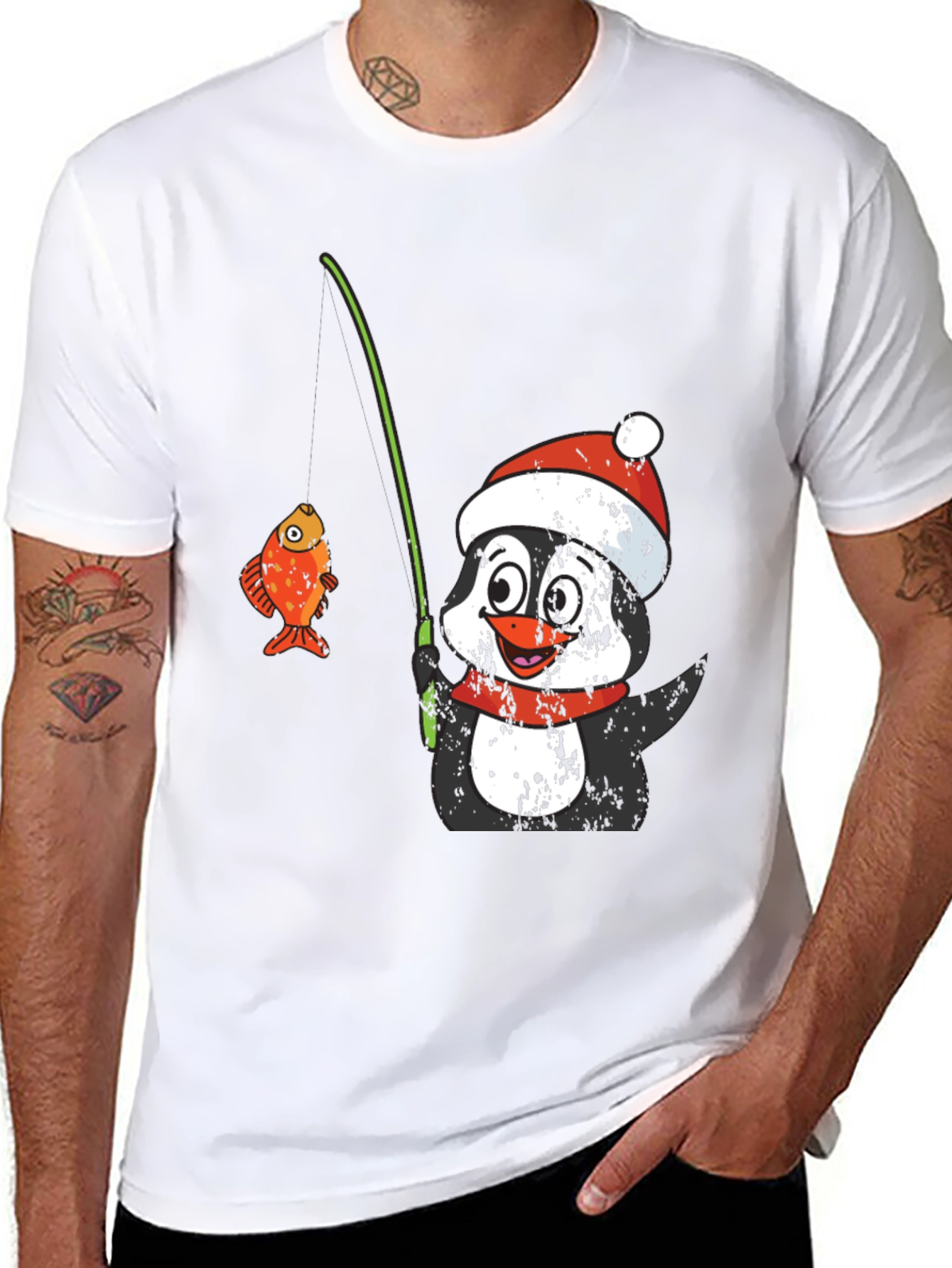 Black Penguin Fishing T-Shirt - Festive Holiday Wear view 8