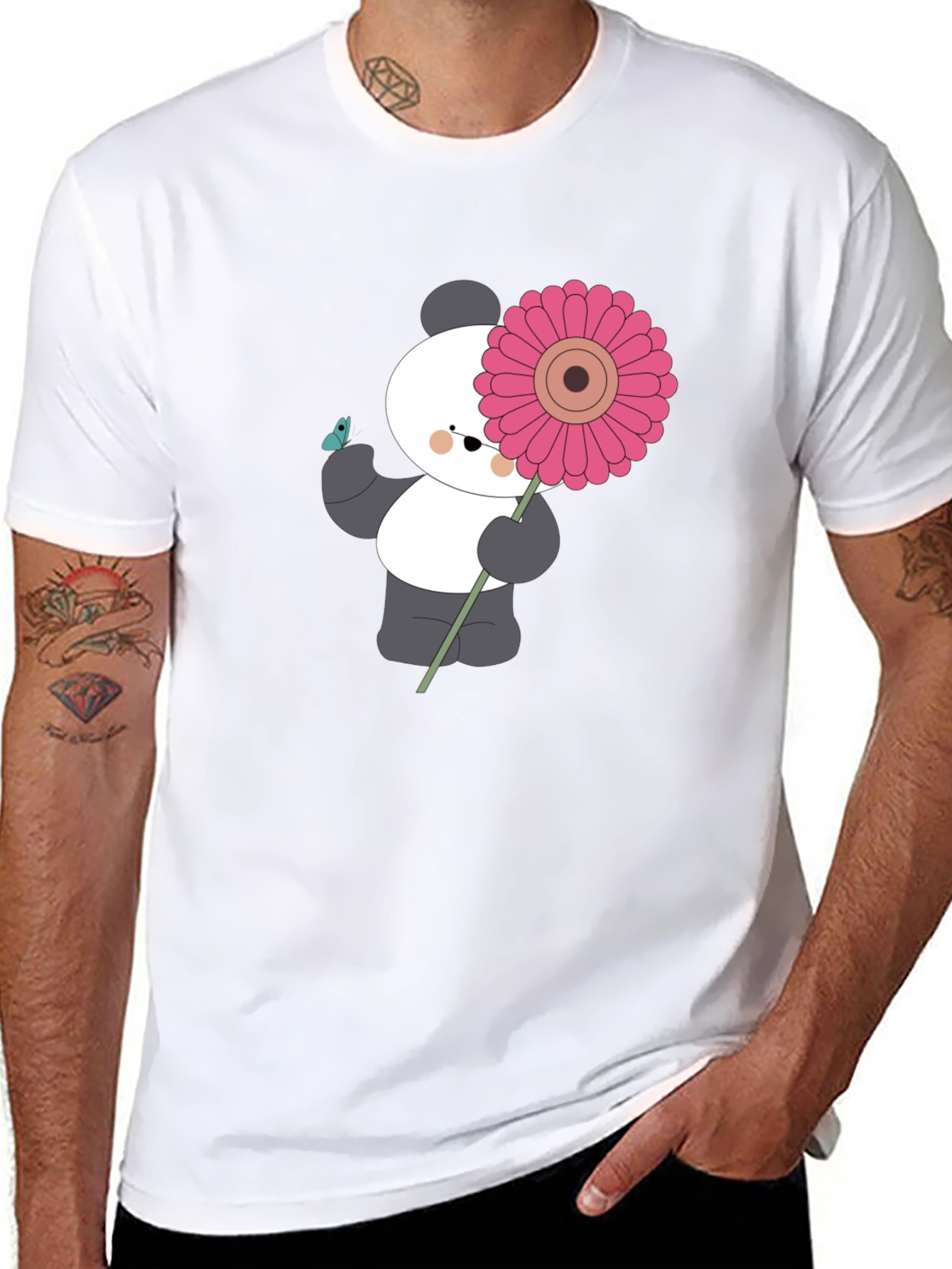 Black Panda with Flower Graphic Black T-Shirt view 8