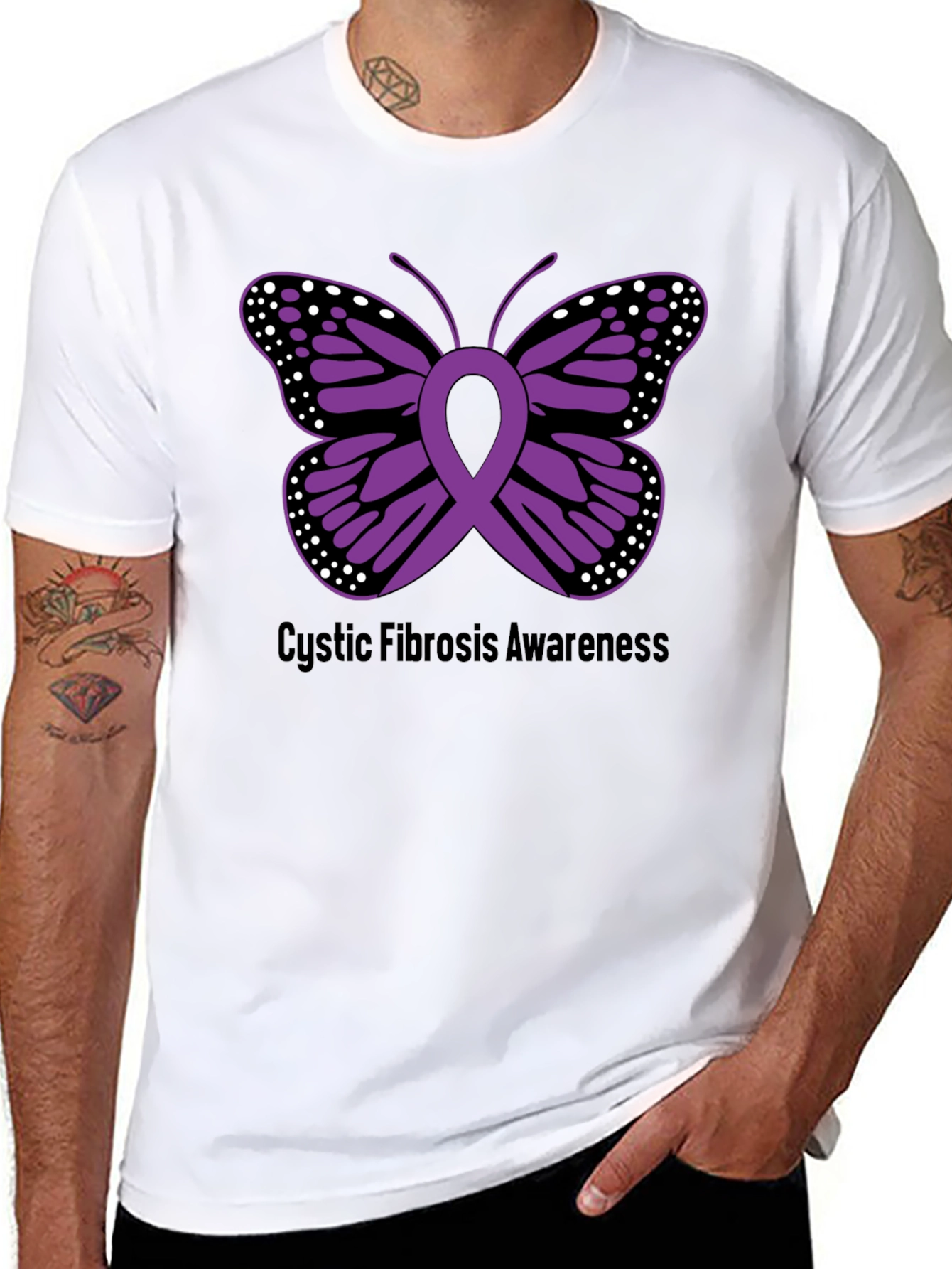 Black Cystic Fibrosis Awareness Butterfly Ribbon T-Shirt view 8