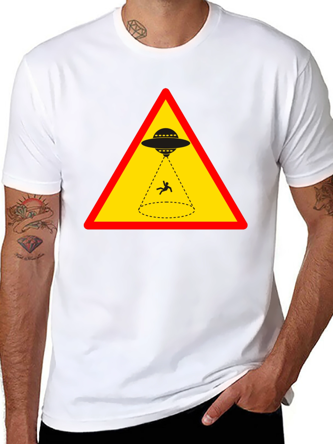 Black Alien Abduction T-Shirt - Warning Sign Graphic view 8