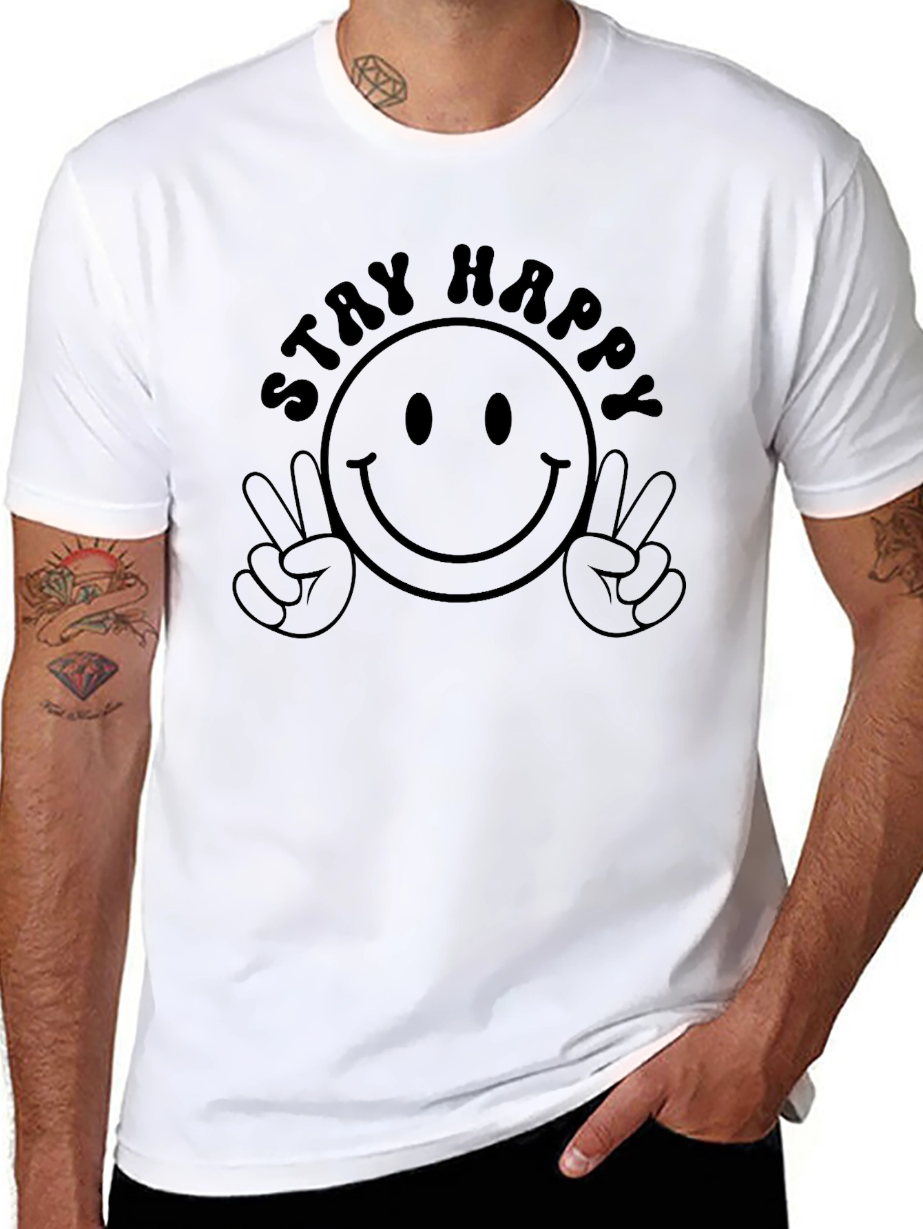 Black Stay Happy Graphic Tee - Unisex Black T-Shirt view 8