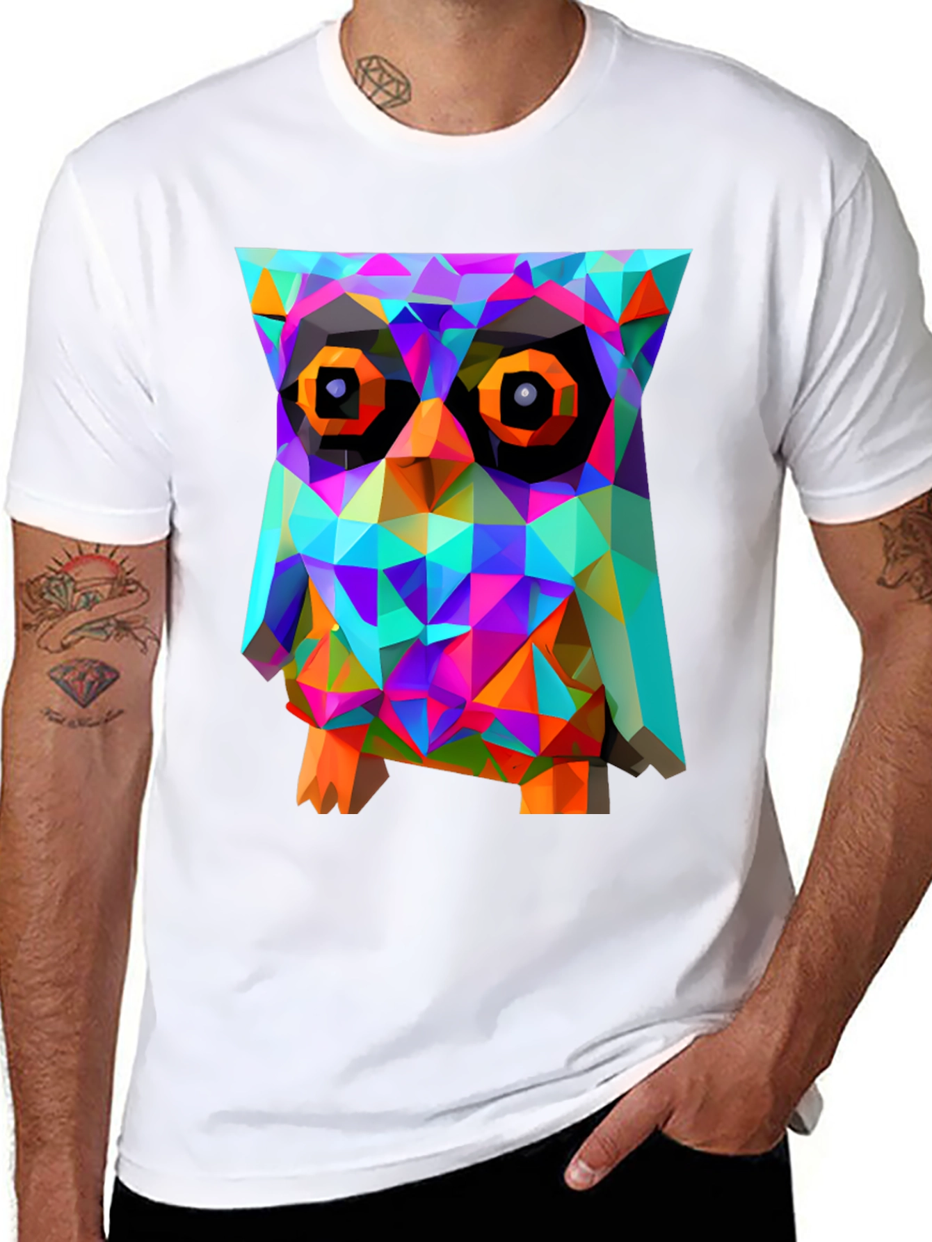 Black Geometric Owl Graphic Print T-Shirt - Black view 8