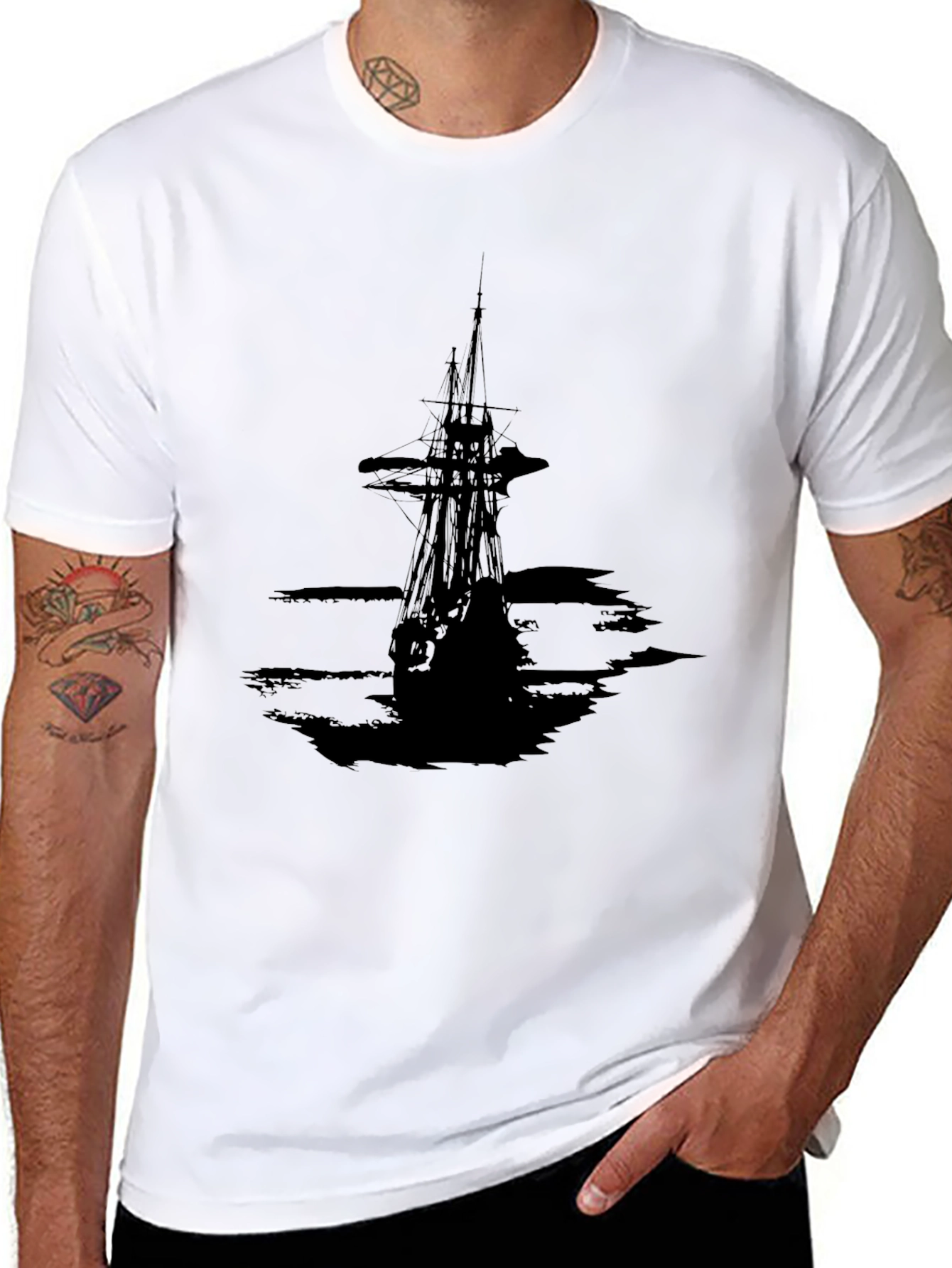 Men's Black T-Shirt with Pirate Ship Graphic - 8