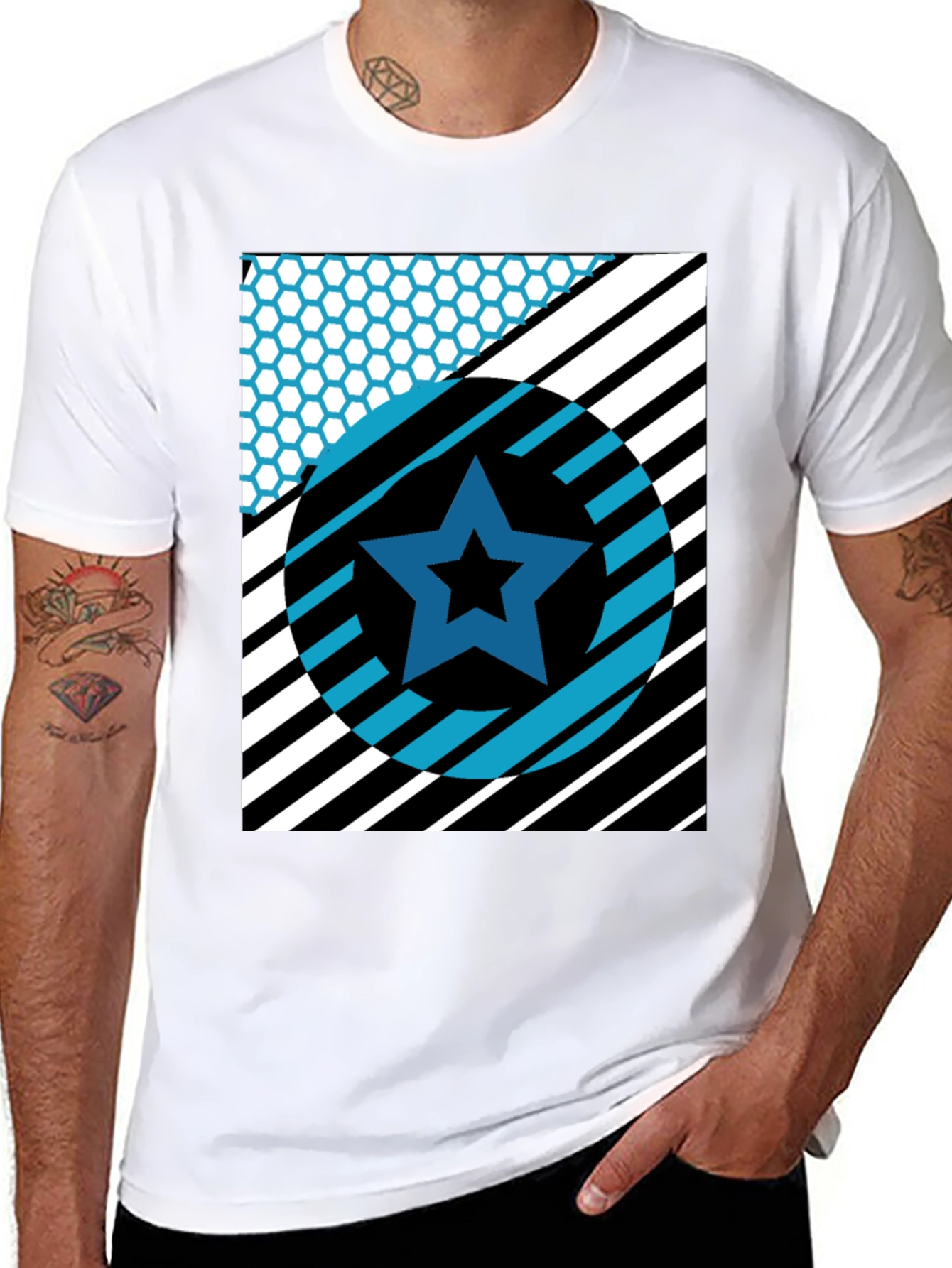 Black Geometric Star Graphic Tee - Black Cotton T-Shirt view 8