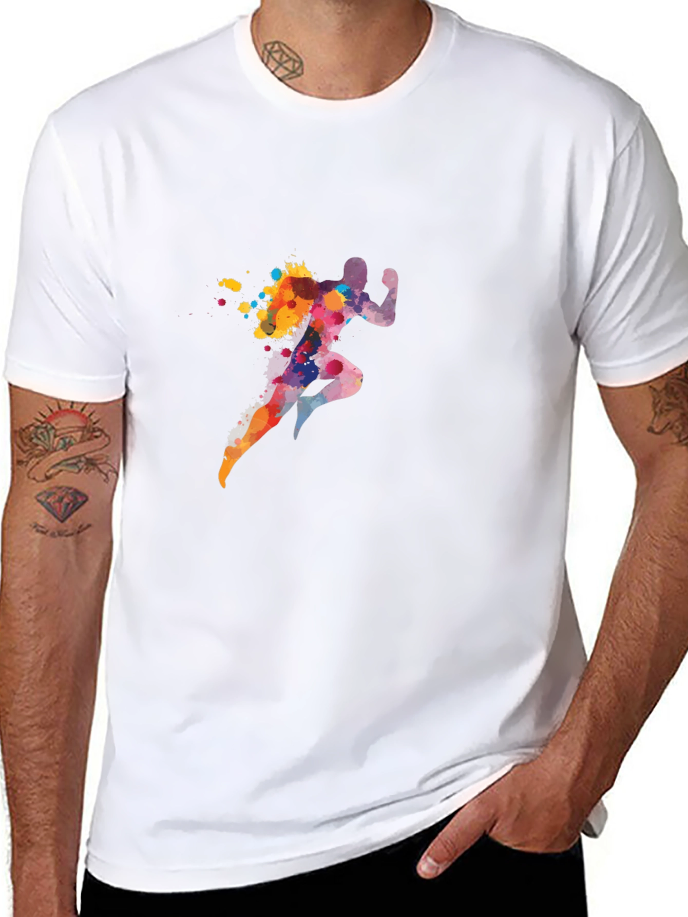 Black Men's Black T-Shirt with Colorful Running Man Graphic view 8