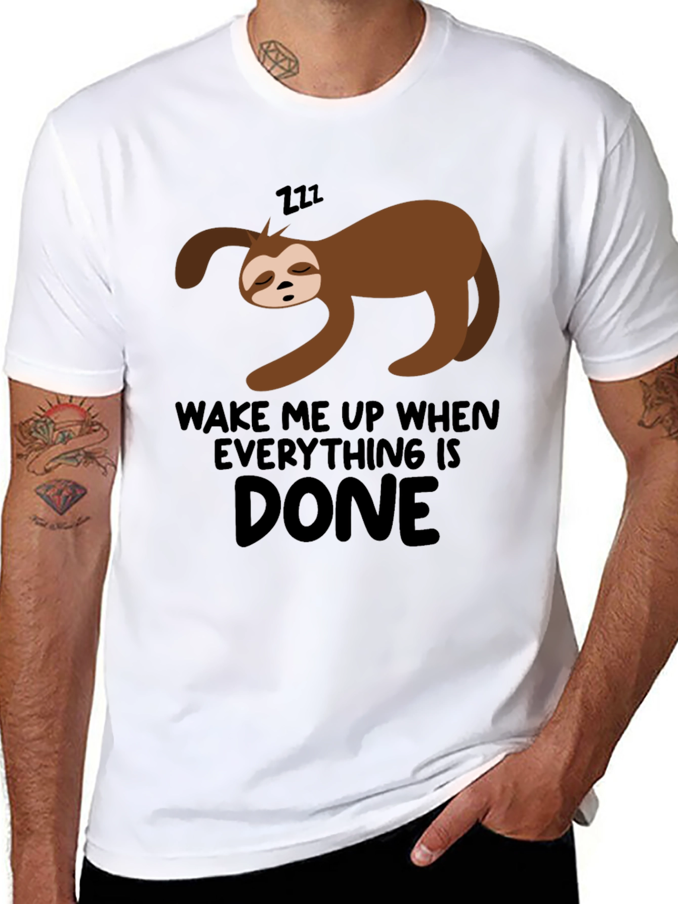 Black Lazy Sloth 'Wake Me Up When Done' Black T-Shirt view 8