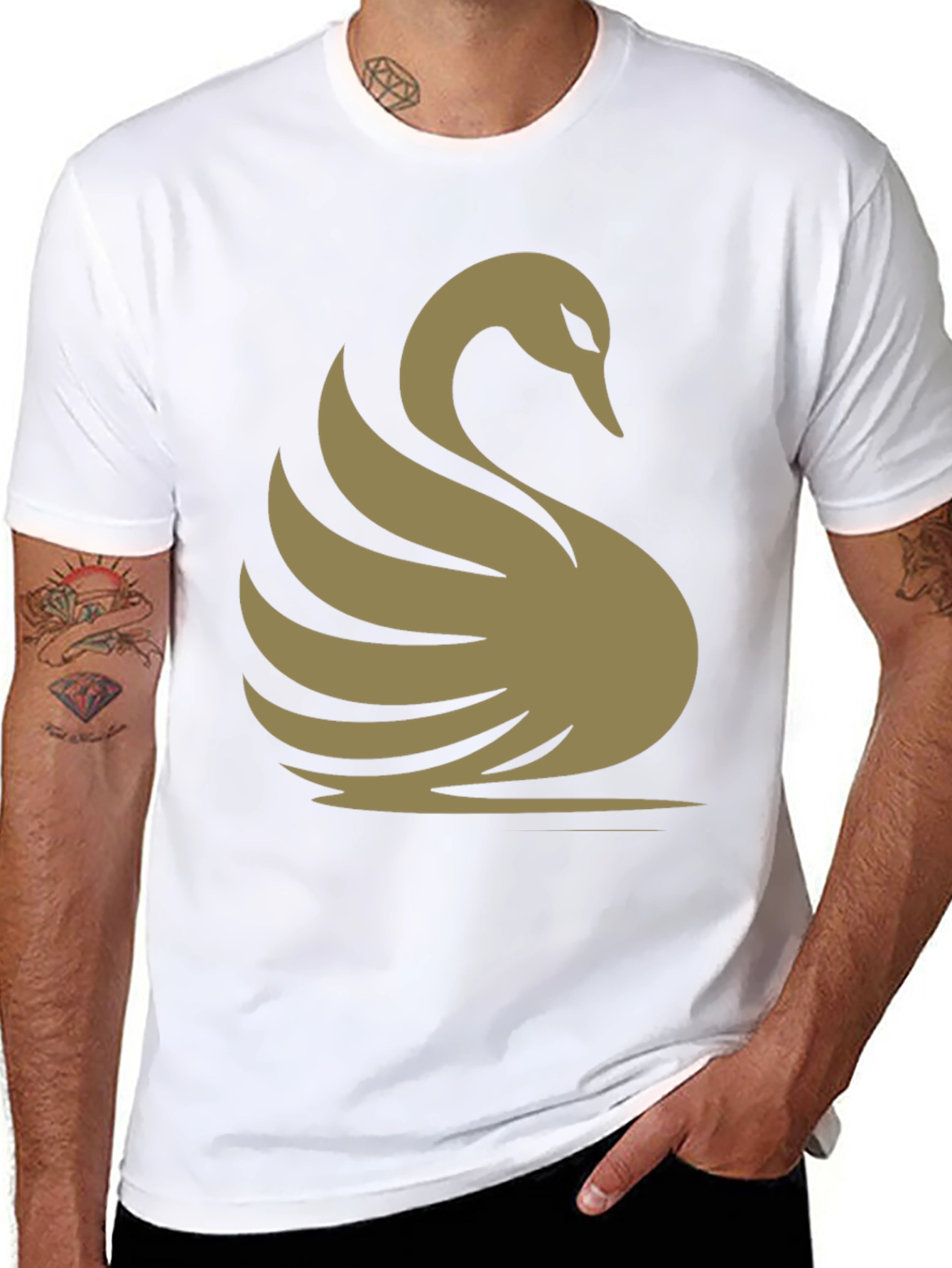 Black Elegant Swan Graphic Tee - Classic Black Cotton T-Shirt view 8