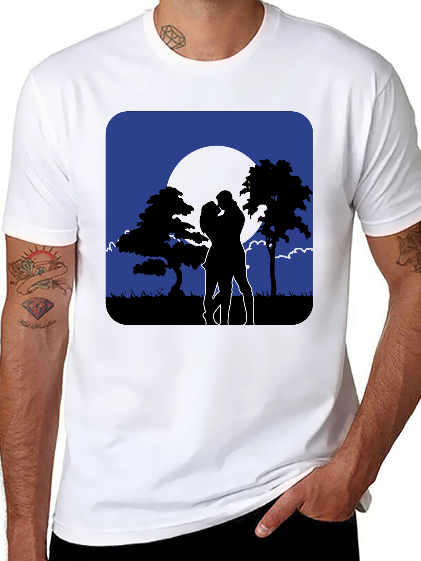 Black Romantic Moonlight Kiss Silhouette T-Shirt view 8