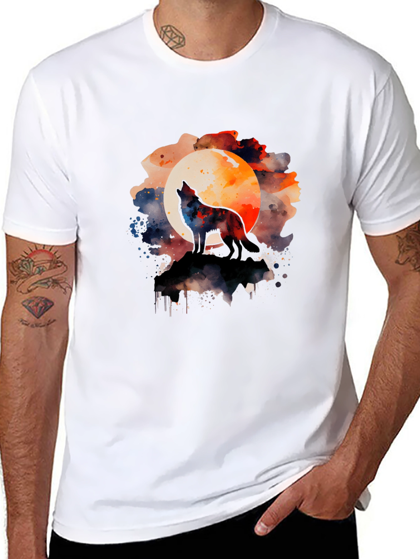 Black Wolf Howling Moon Watercolor Graphic Tee - Black view 8