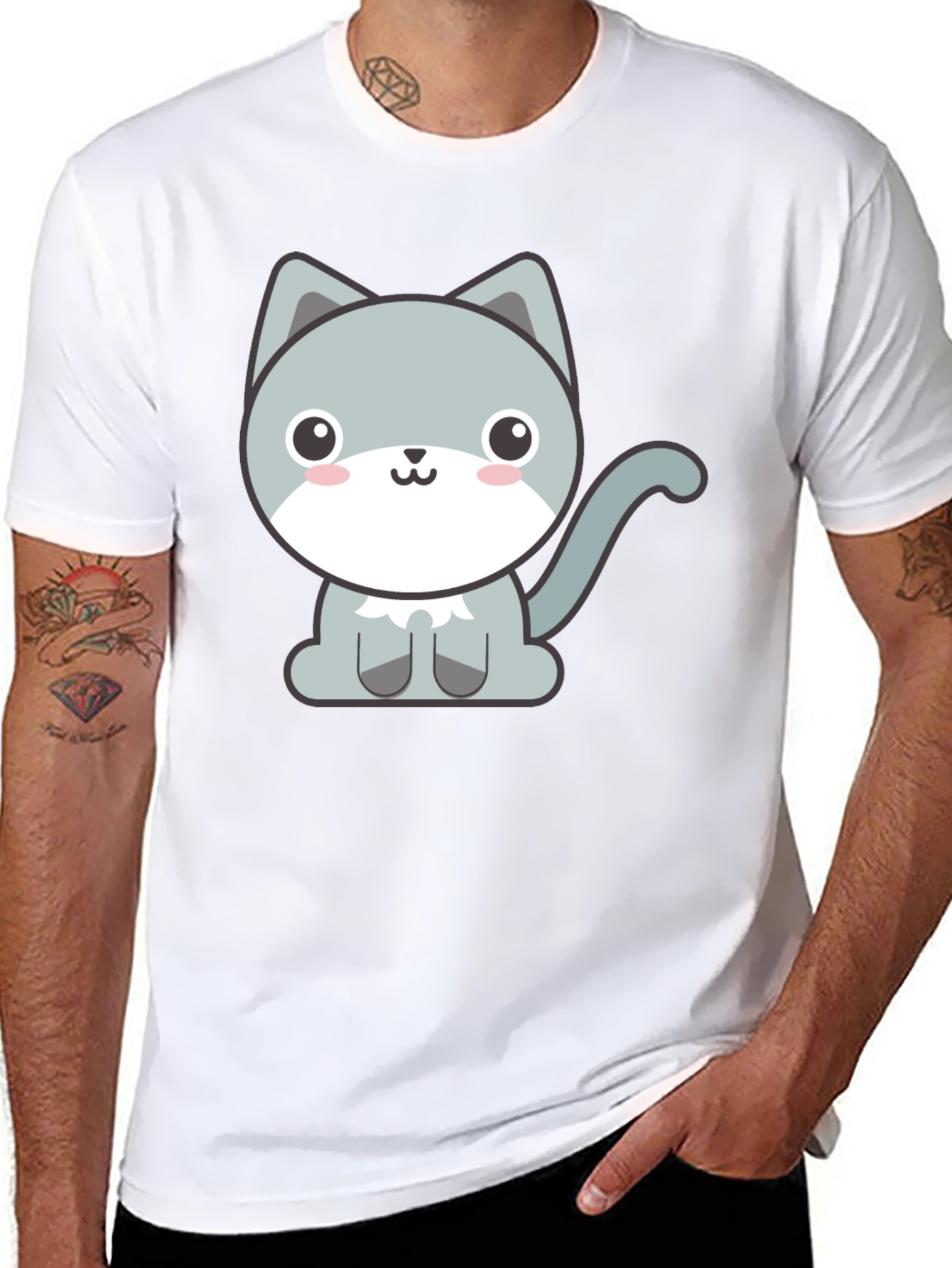 Black Cute Cartoon Cat Graphic Tee - Black T-Shirt view 8