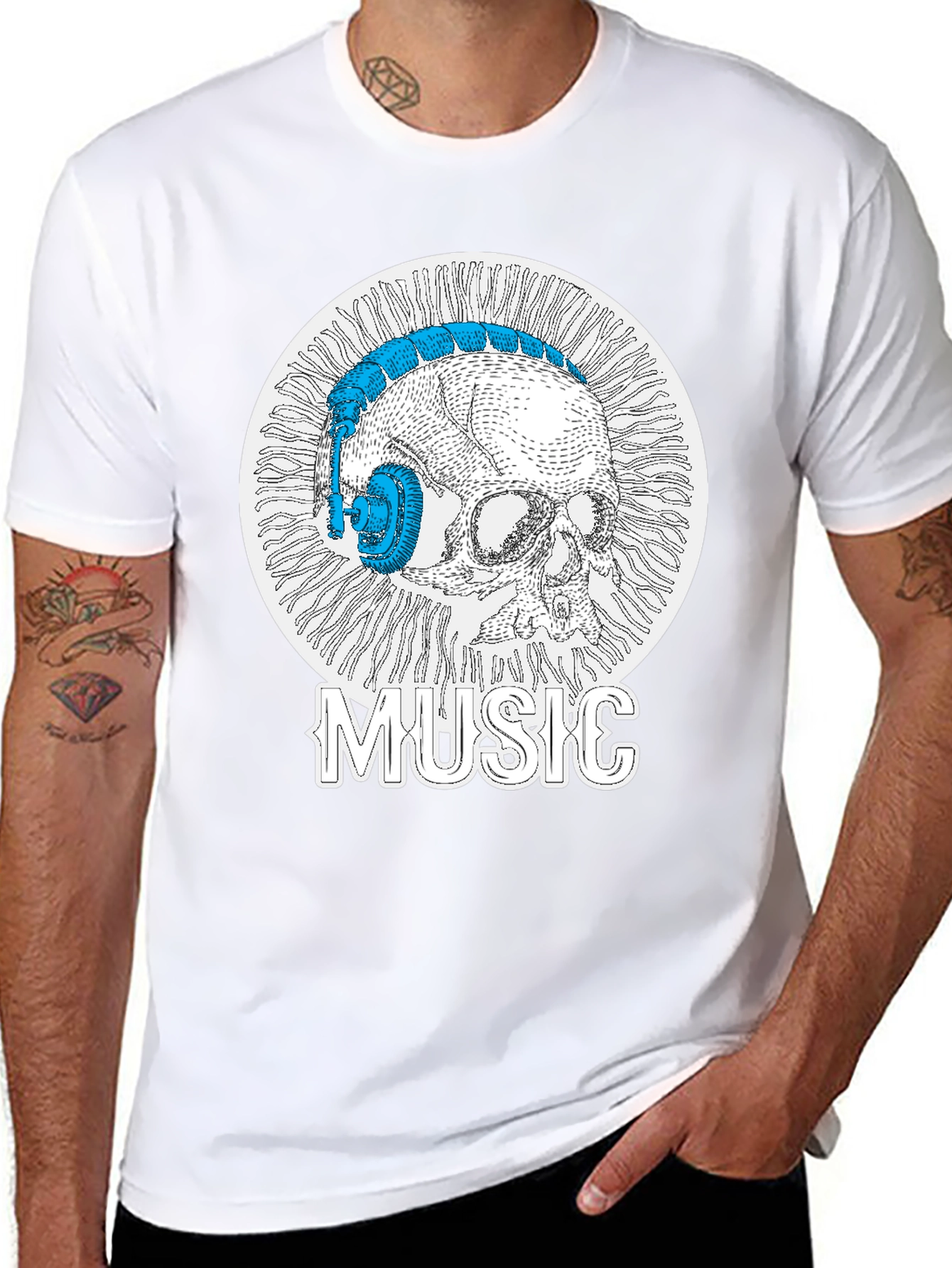 Black Skull Music Headphones T-Shirt - Cool Graphic Tee view 8