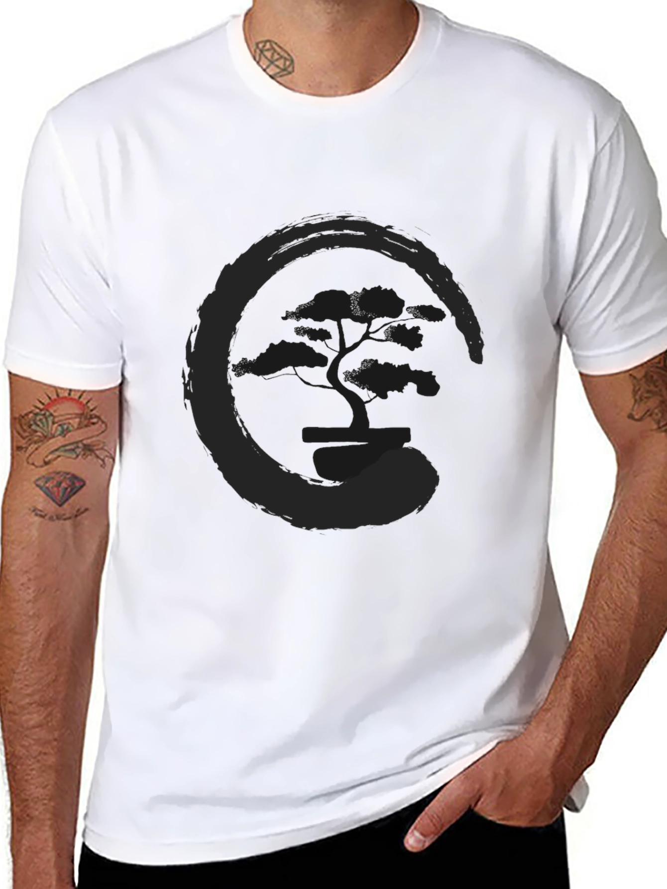 Black Men's Black T-Shirt with Tree Enso Circle Graphic view 8