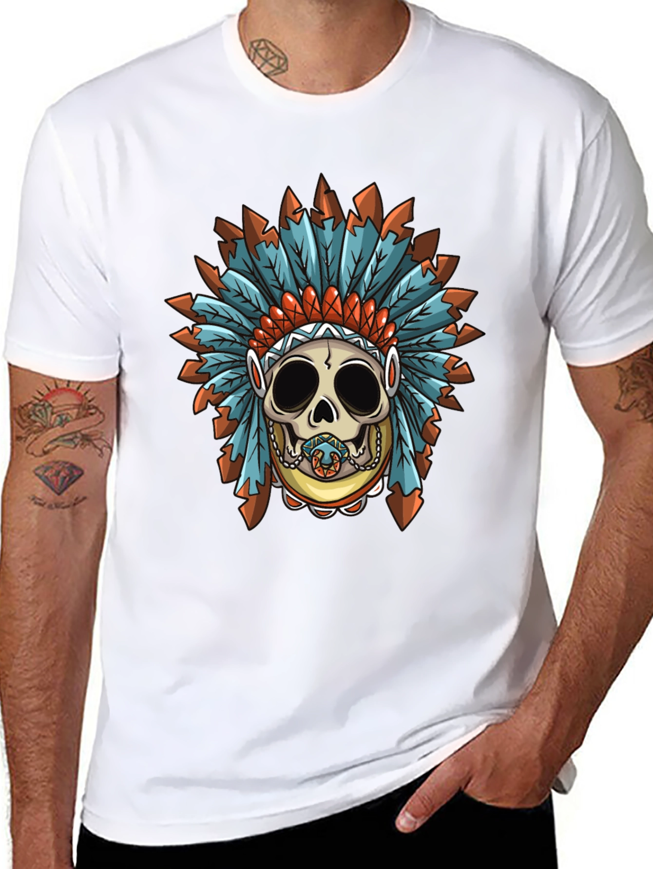Black Skull Indian Headdress Graphic T-Shirt view 8