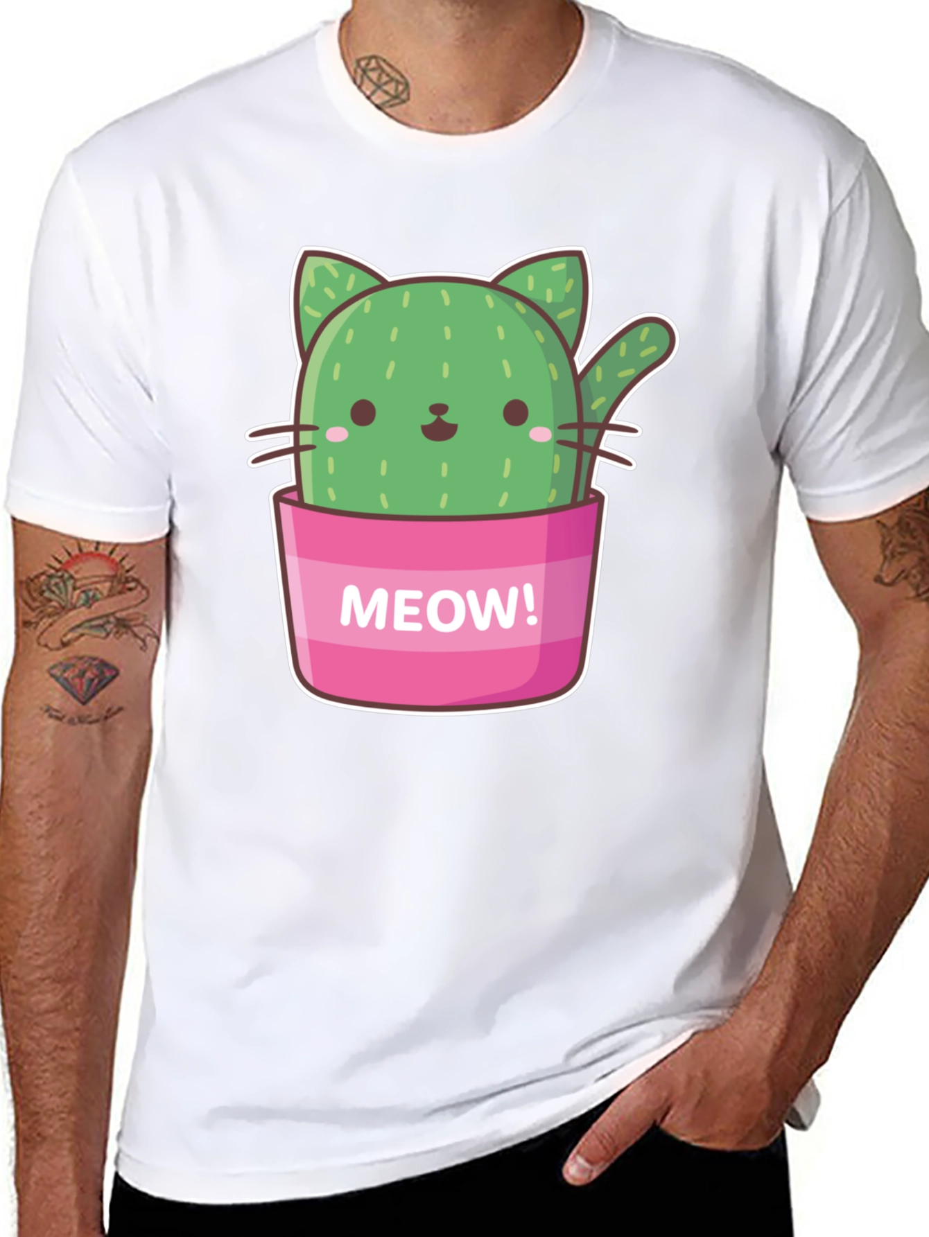 Black Cactus Cat Graphic T-Shirt - "Meow!" Design view 8