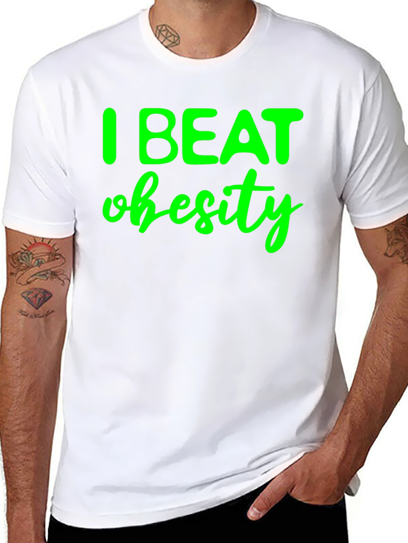 Black I Beat Obesity Black T-Shirt view 8