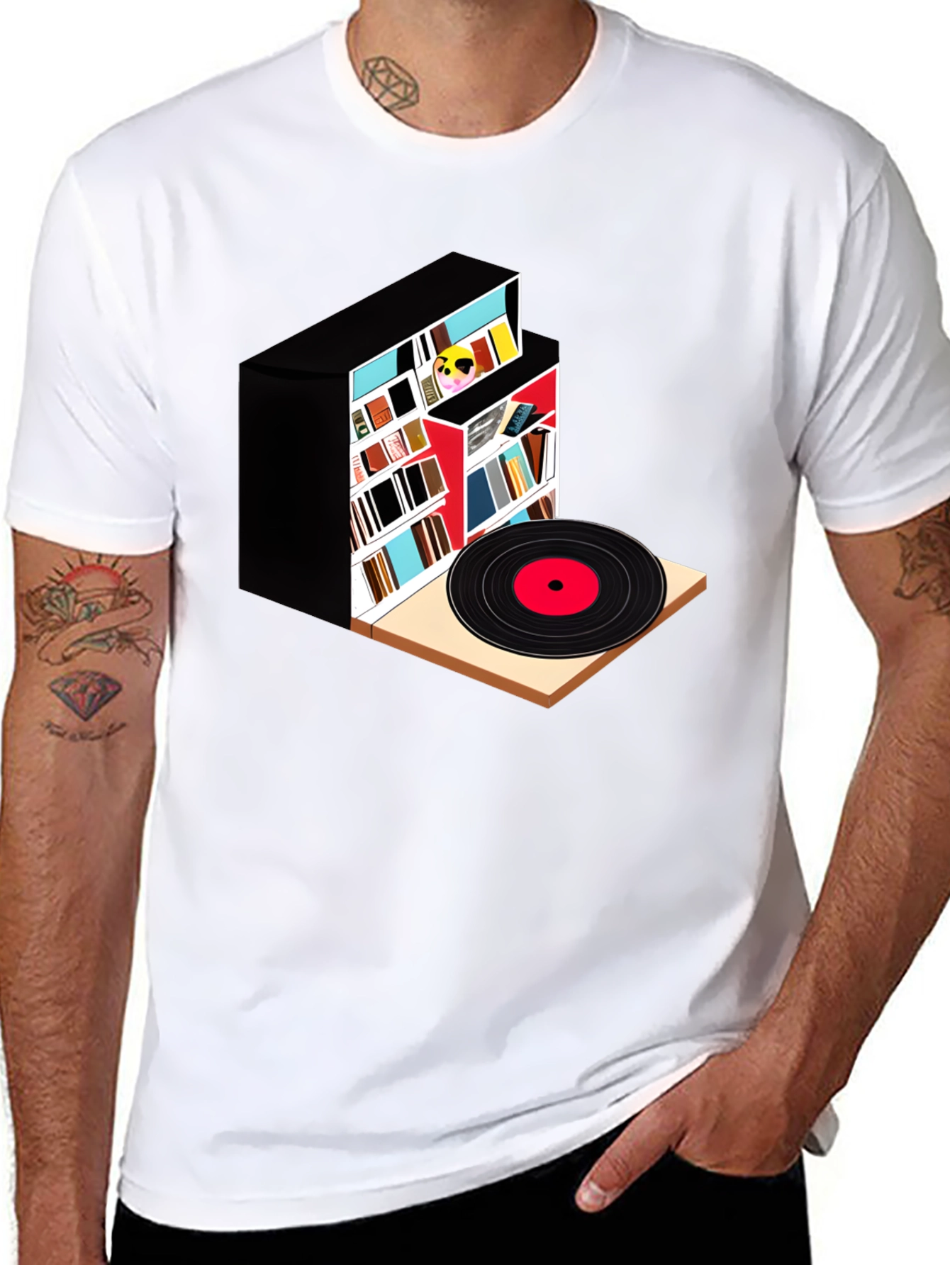 Black Bookcase and Vinyl Record T-Shirt view 8