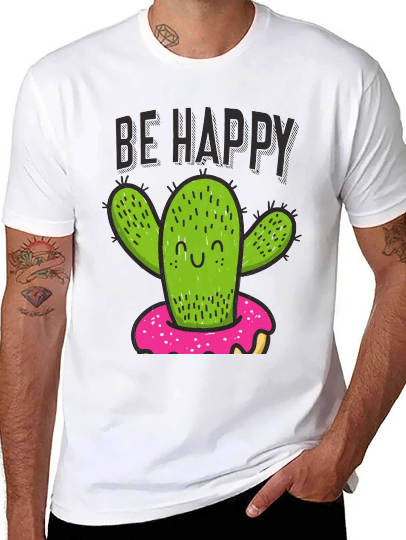 Black Be Happy Cactus Doughnut Graphic T-Shirt view 8