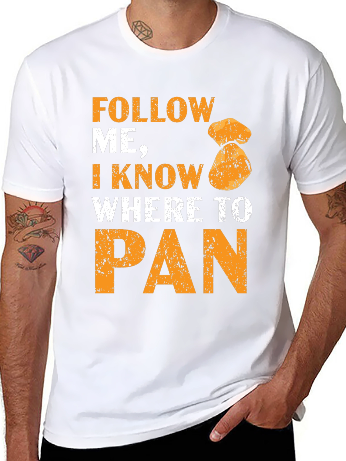 Black Follow Me I Know Where To Pan T-Shirt Gold Panning view 8