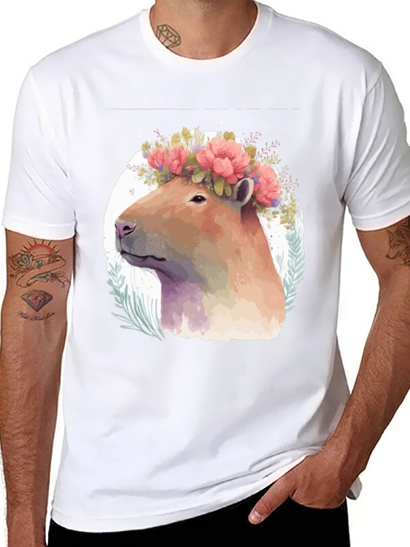 Black Capybara Floral Crown T-Shirt - Unique Graphic Tee view 8