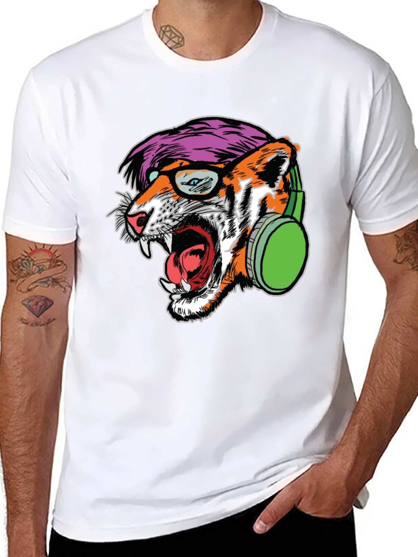 Black Cool Tiger Graphic Tee - Headphones & Glasses view 8