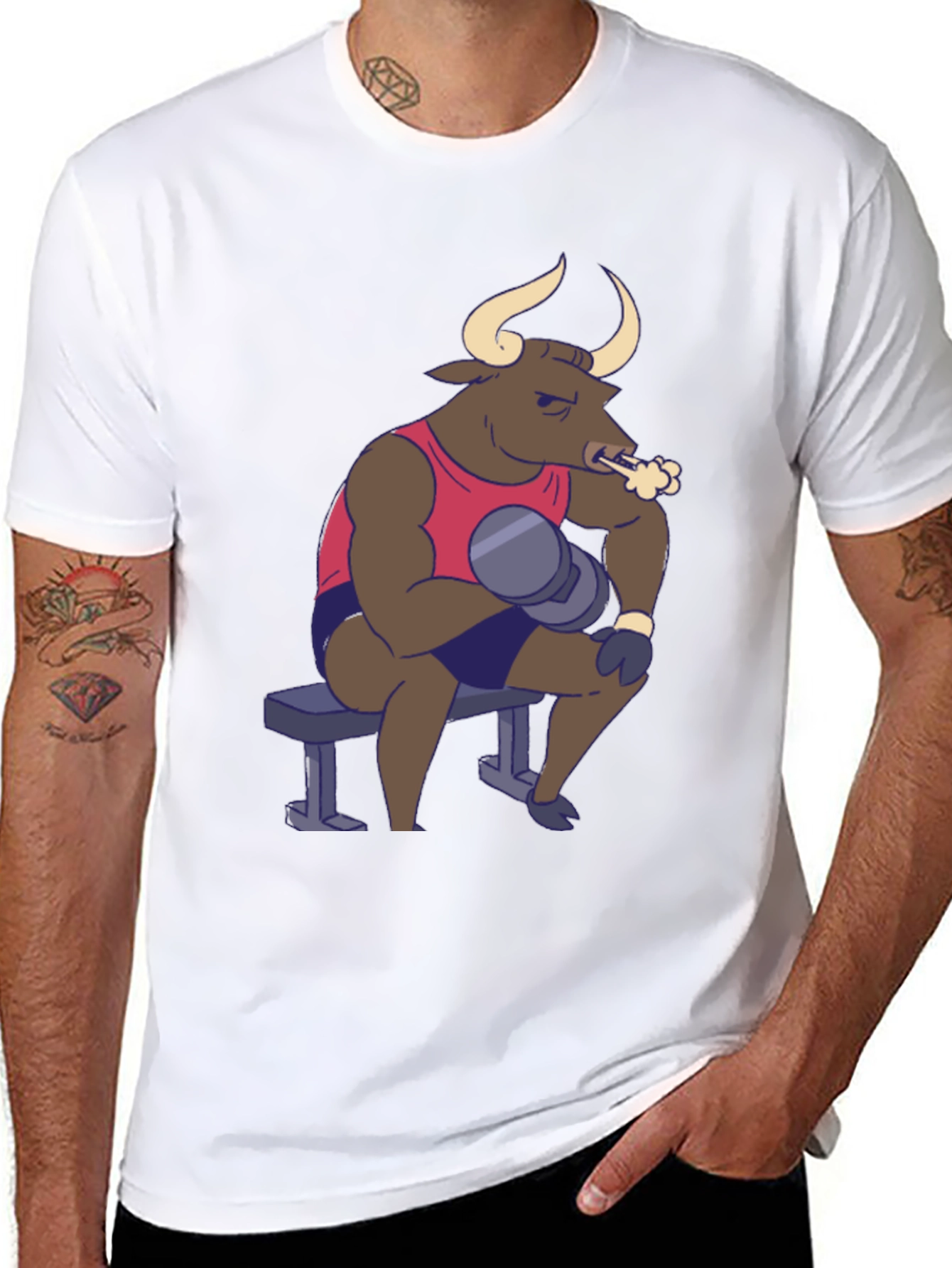 Black Funny Bull Lifting Weights T-Shirt view 8