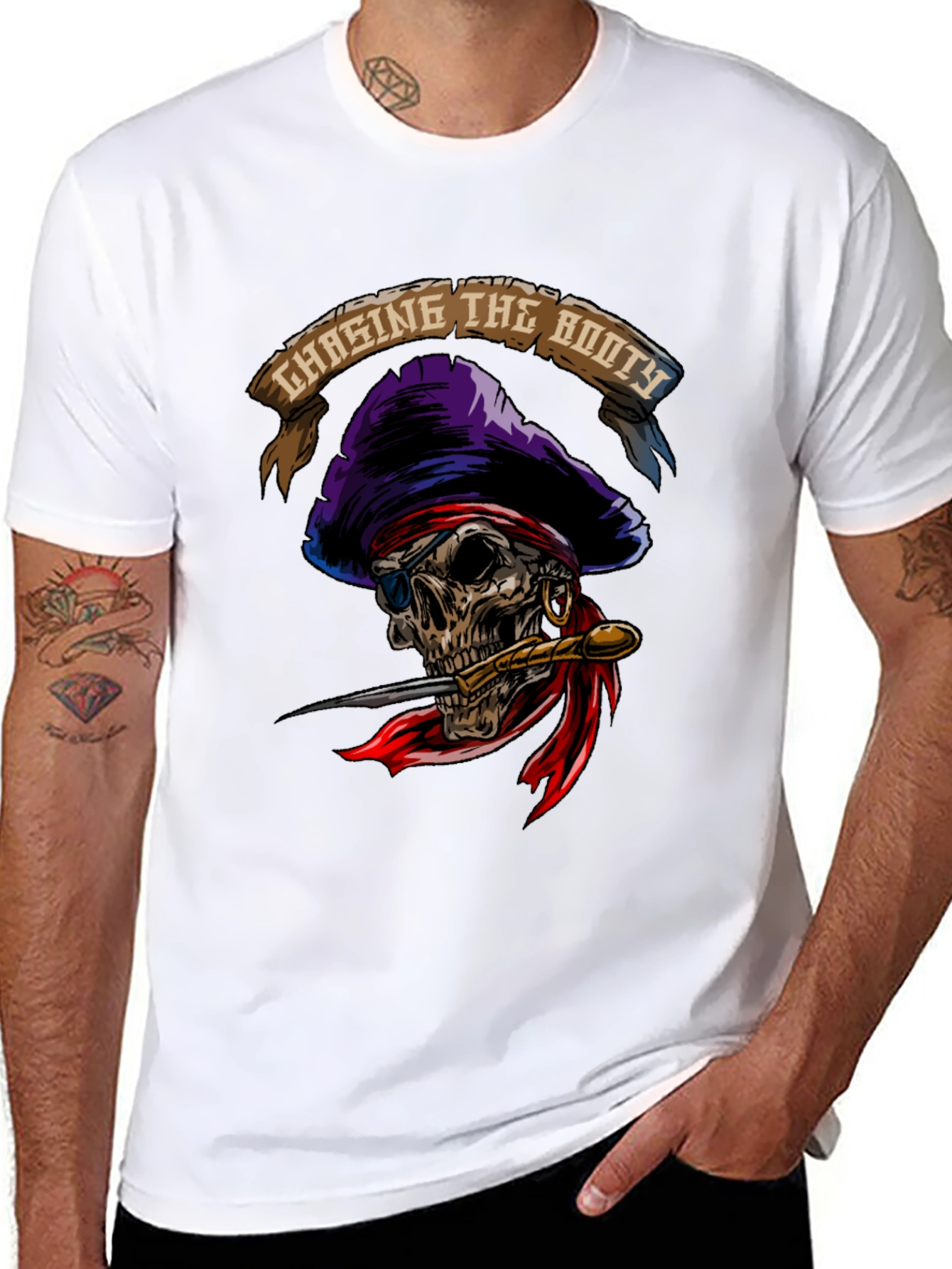 Black Chasing The Booty Pirate Skull Graphic T-Shirt view 8