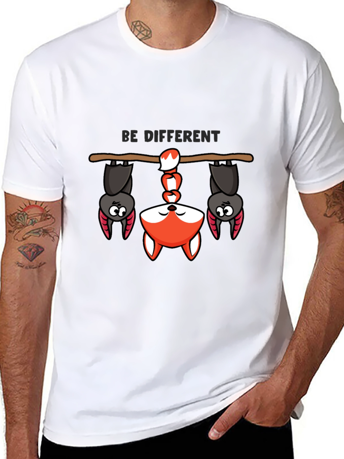 Black Be Different Bat and Fox Tee - Unique Graphic T-Shirt view 8