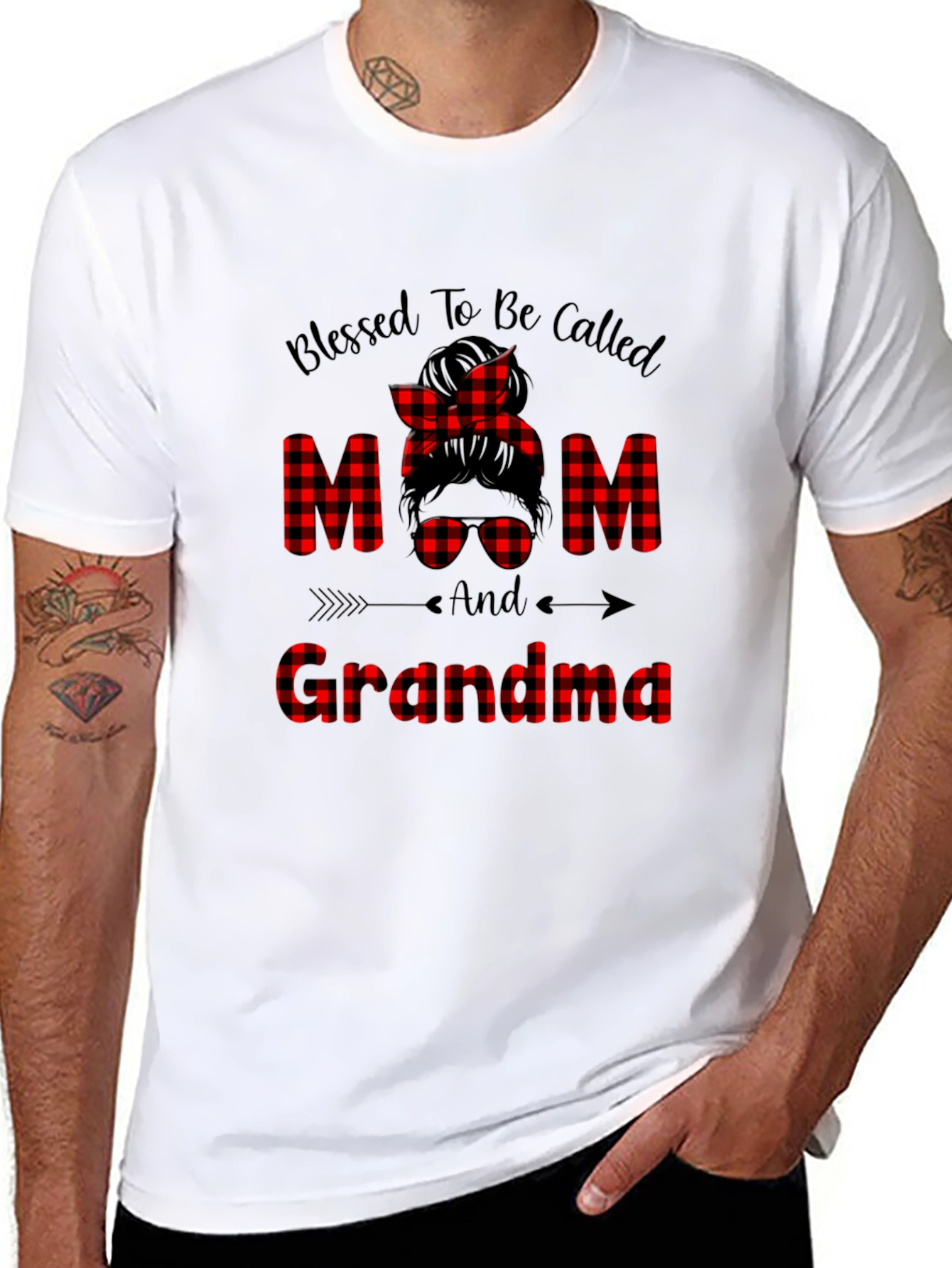 Black Blessed Mom & Grandma Plaid Graphic Tee view 8