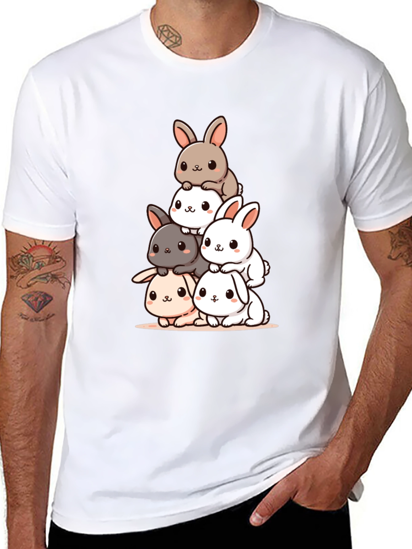 Cute Bunny Stack Graphic Tee - Black Cotton Blend - 8