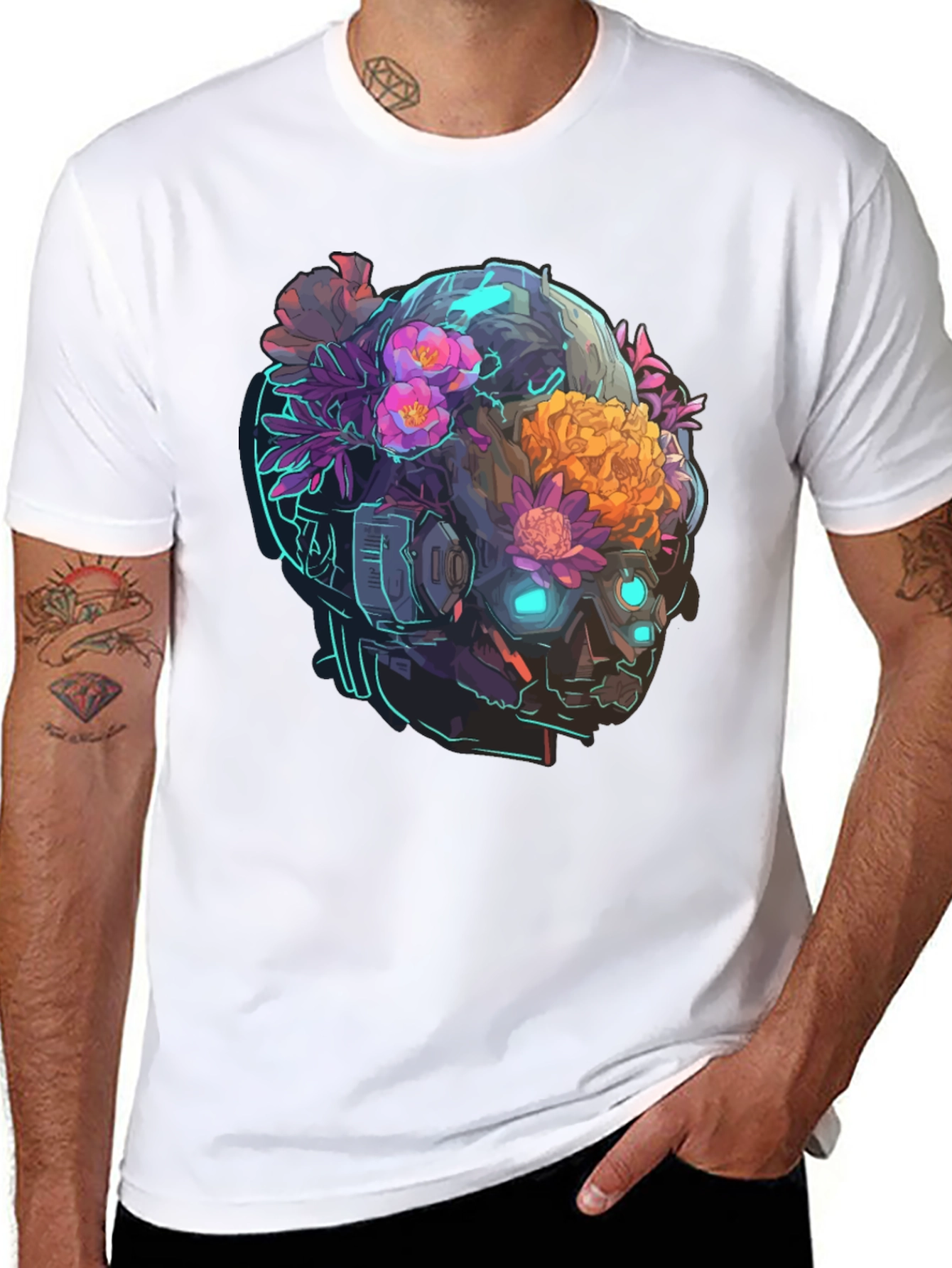 Black Floral Cyberpunk Skull T-Shirt - Unique Graphic Tee view 8