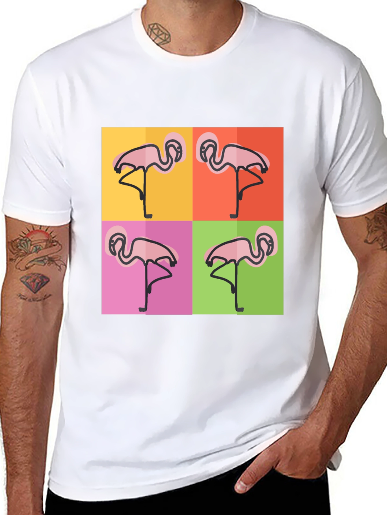 Black Funky Flamingo Pop Art Black T-Shirt view 8