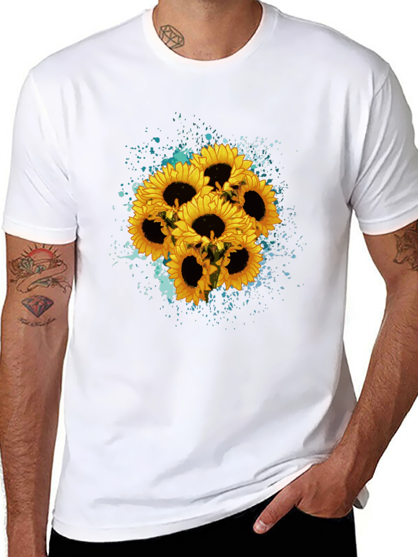Black Sunflower Splash Black T-Shirt - Floral Graphic Tee view 8