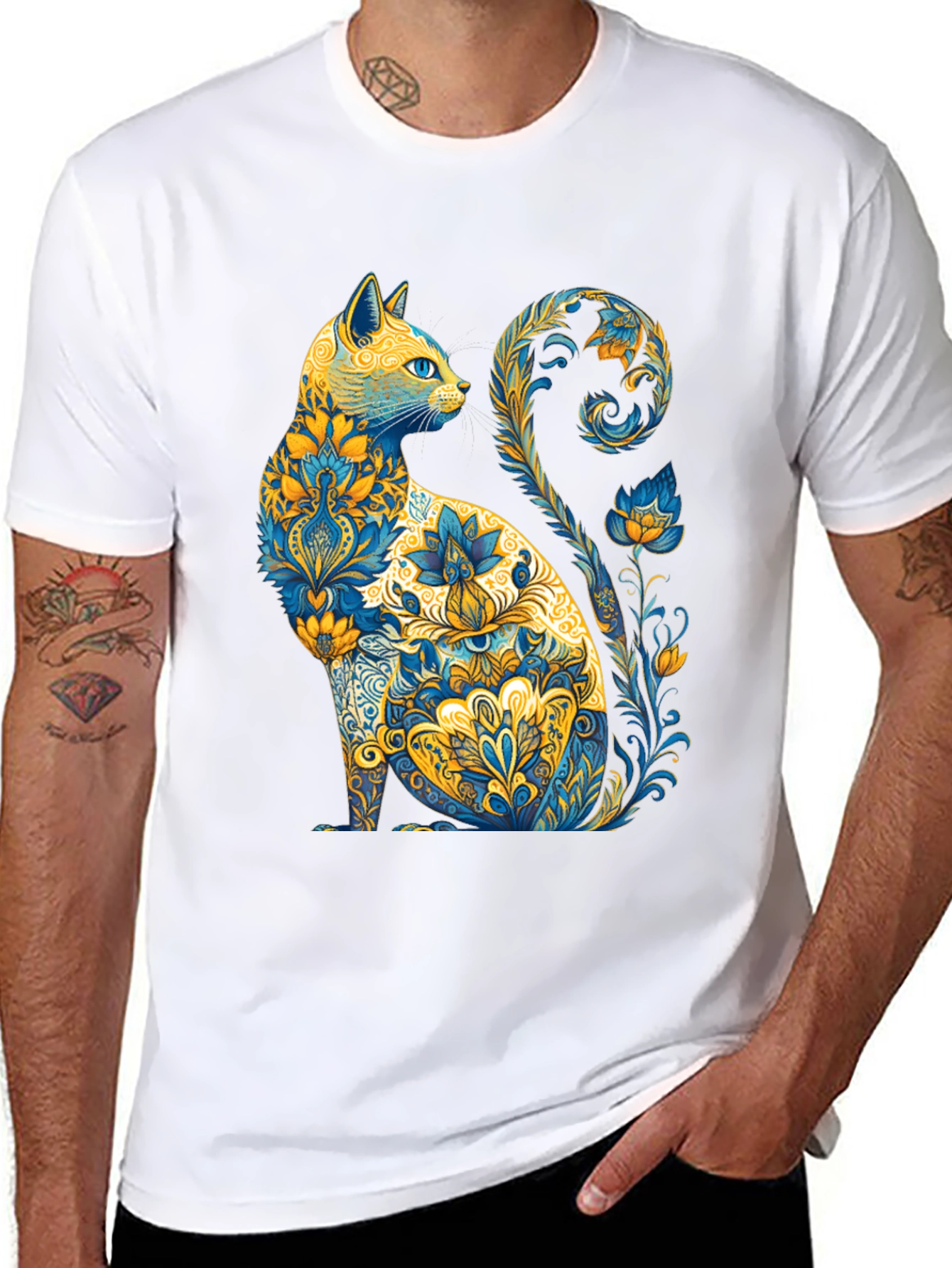 Black Floral Cat Graphic T-Shirt - Unique Design view 8