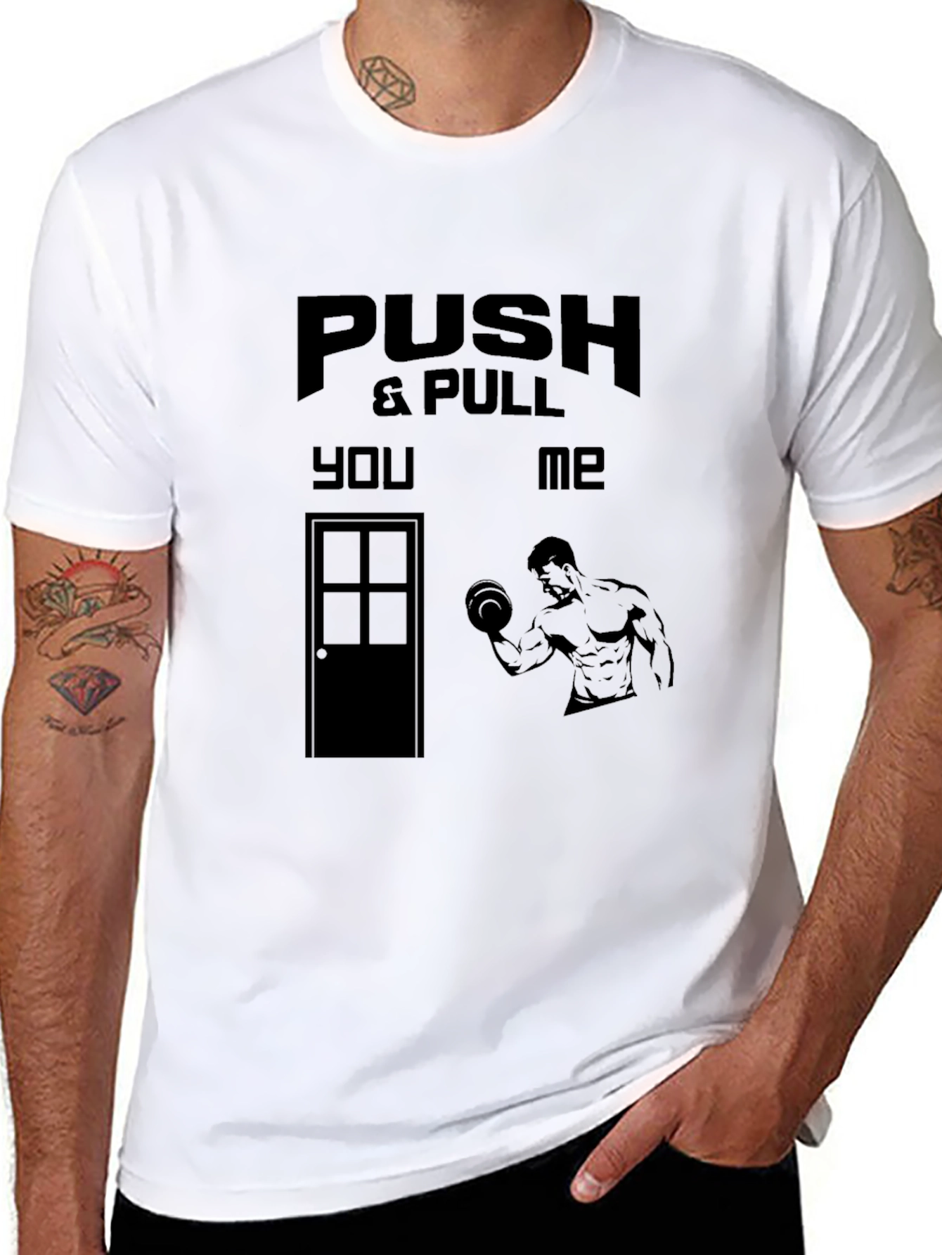 Black Push and Pull T-Shirt: Humorous Gym Apparel view 8
