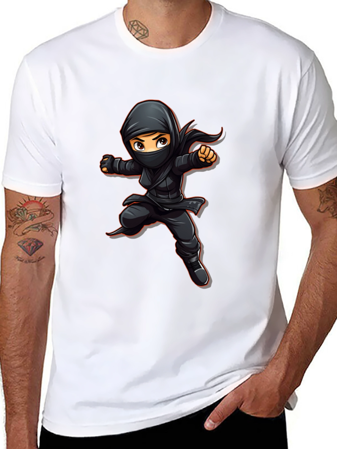 Black Ninja Cartoon Graphic Black T-Shirt view 8