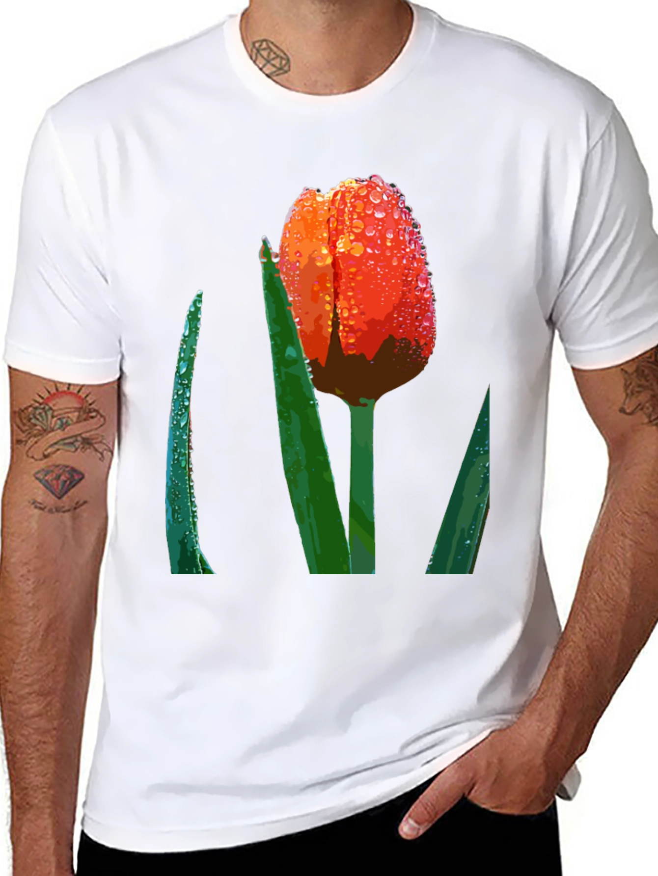 Black Tulip Dewdrop Graphic Tee - Unique Floral Design view 8