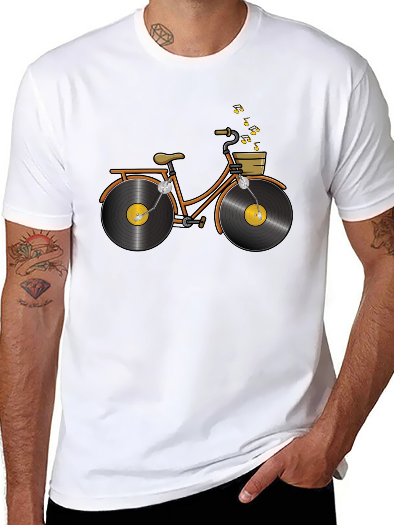 Black Unique Vinyl Record Bicycle Graphic T-Shirt view 8