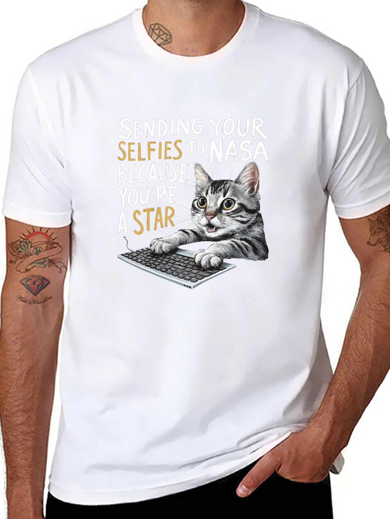 Black Funny Cat T-Shirt - Sending Selfies to NASA view 8