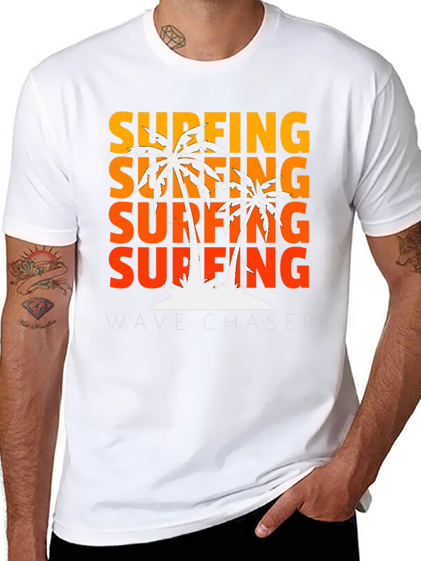Black Surfing Wave Chaser Black T-Shirt with Palm Tree Design view 8