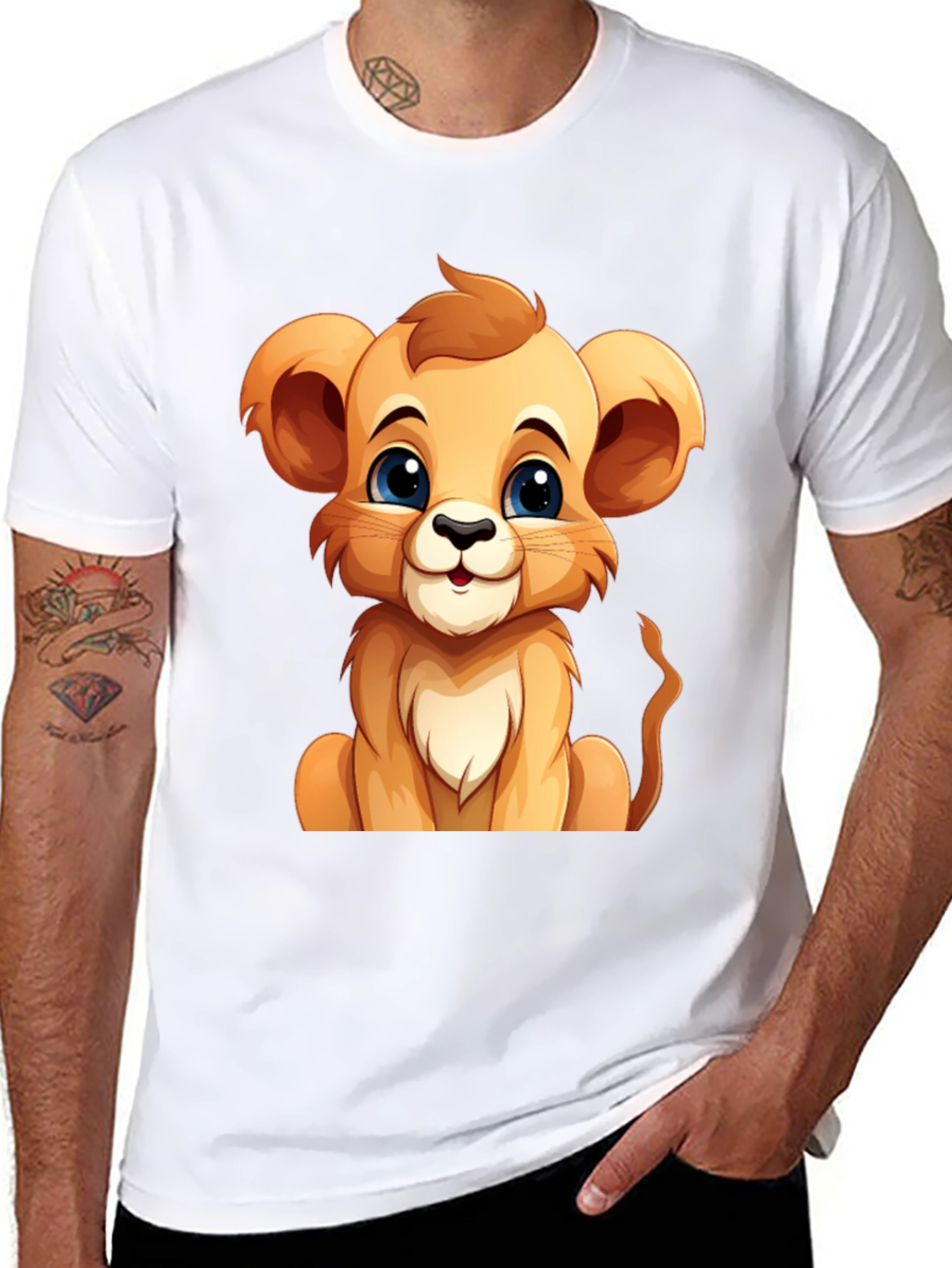 Black Cute Lion Cub Graphic Tee - Black Cotton T-Shirt view 8